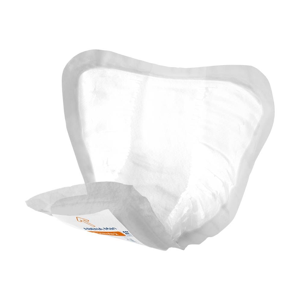Abena Man Premium Formula 2. Weißes Inkontinenzprodukt. Anatomische Form. Orangefarbener Aufkleber mit Produktbezeichnung.