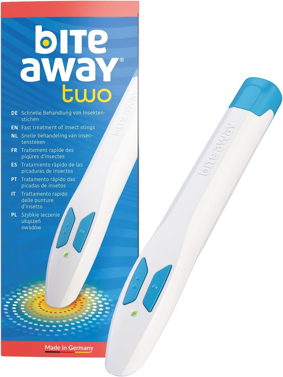 Weißes, stiftförmiges Gerät mit blauen Knöpfen und Spitze. Produktname: bite away two. Verpackung mit Produkt und Text.