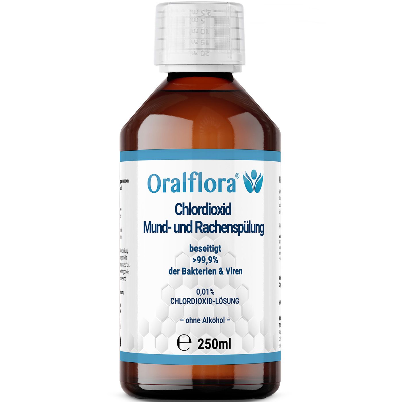 Braune Flasche mit weißem Etikett. Aufschrift: Oralflora Chlordioxid Mund- und Rachenspülung. Enthält 250ml.
