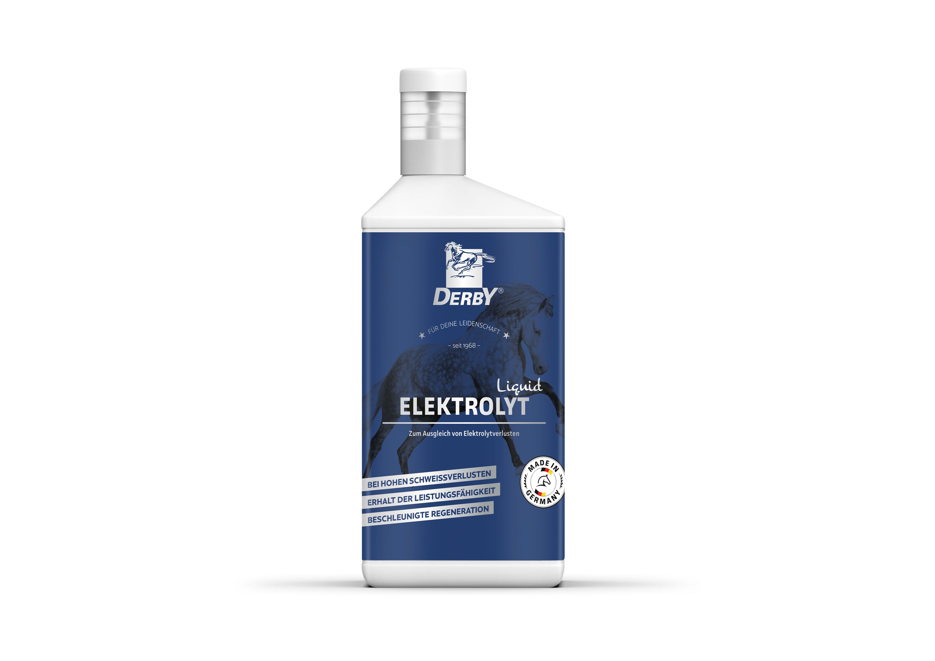 Weiße Flasche mit blauem Etikett. Darauf Logo, Schriftzug "DERBY", "ELEKTROLYT Liquid". Mit "Made in Germany" Siegel.