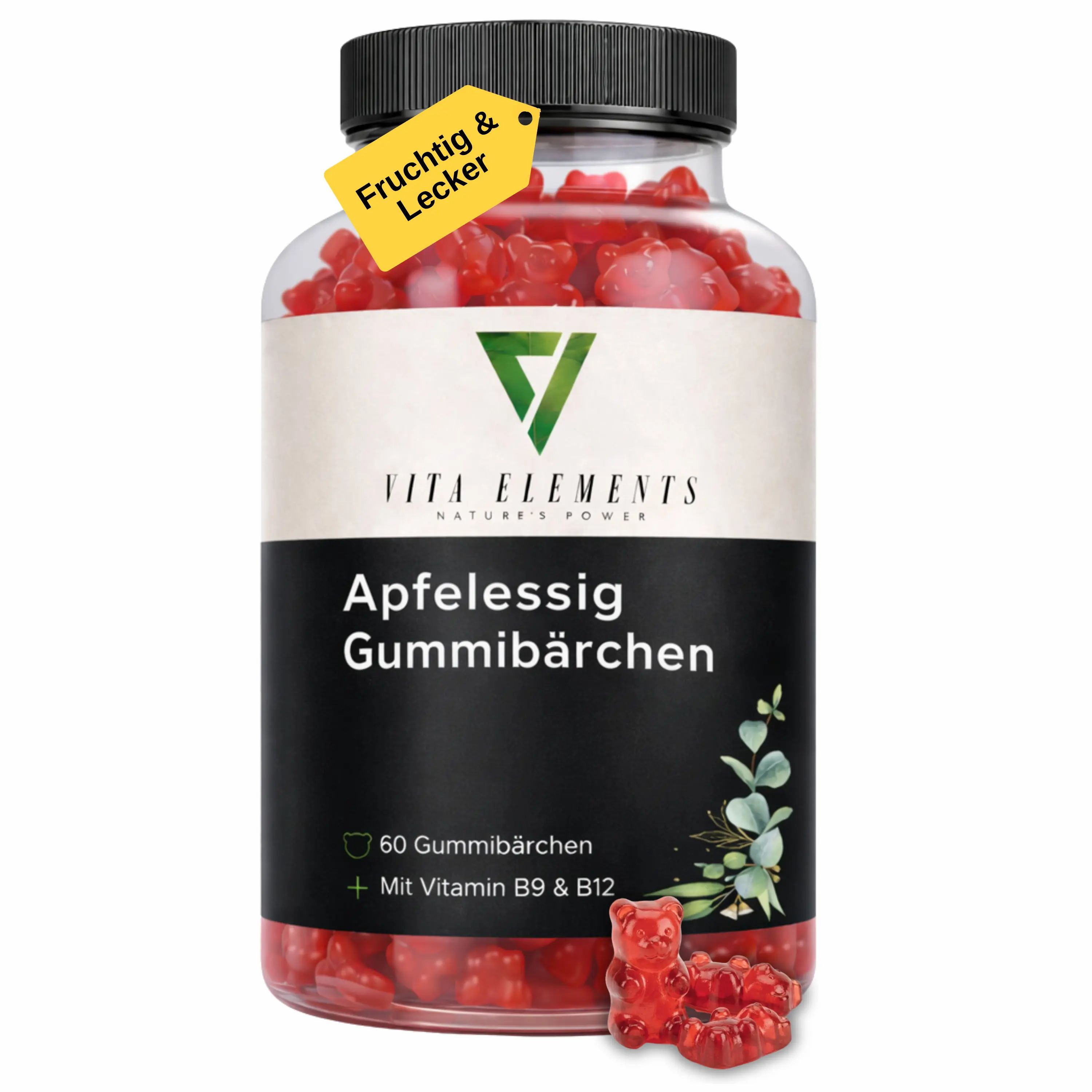 Flasche mit roten Apfelessig Gummibärchen, Etikett mit Produktinformationen und gelbem Anhänger.