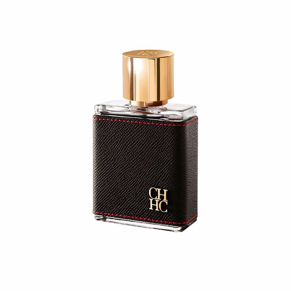 Rechteckiger Flakon mit goldfarbenem Verschluss. Schwarzer Lederbezug mit roter Naht und goldfarbenem CHHC-Logo.