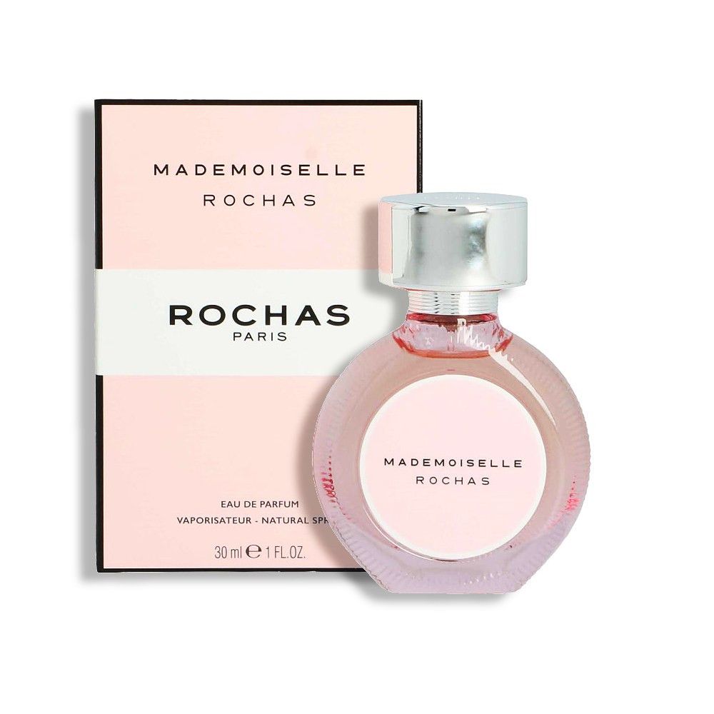 Rochas Mademoiselle Eau de Parfum. Rosa Flakon mit silbernem Deckel und Verpackung. Text: Mademoiselle Rochas, Rochas Paris, 30 ml.