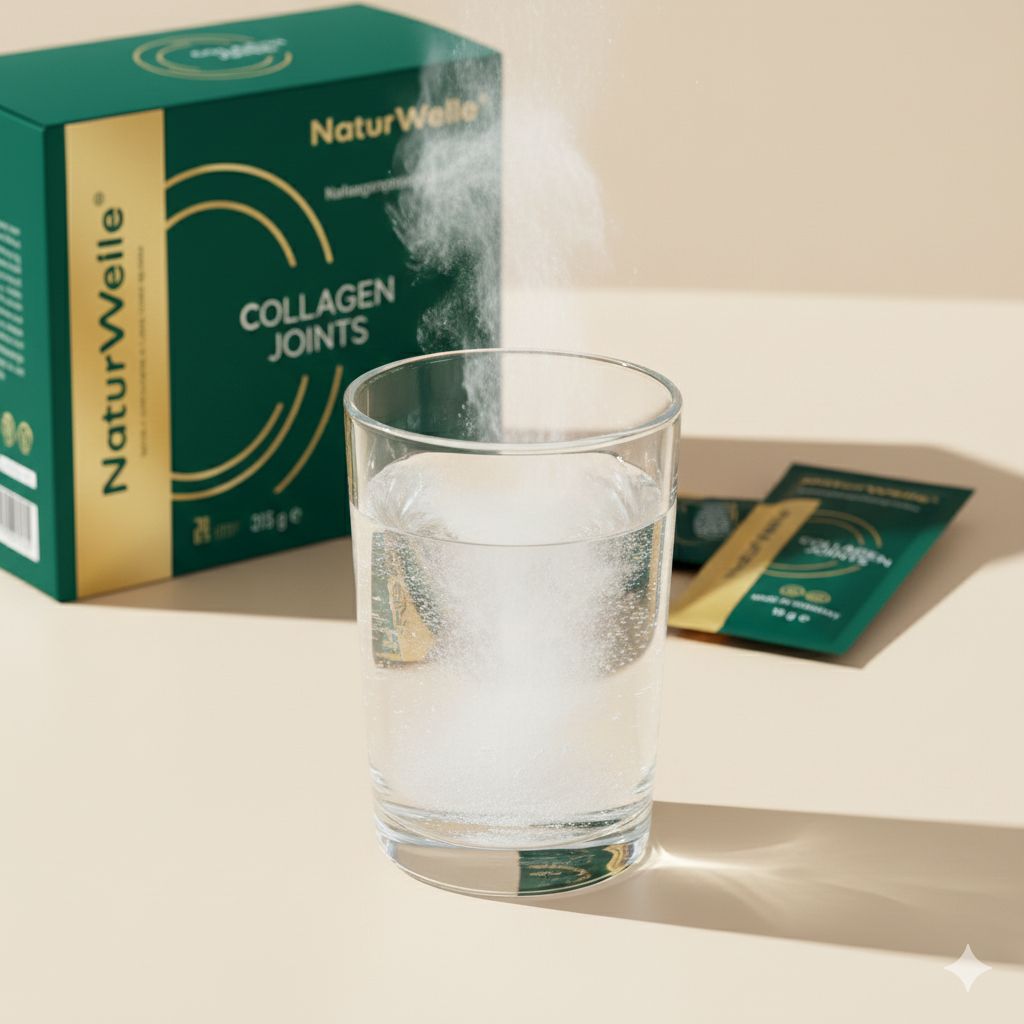 Ein Glas Wasser mit sich auflösendem Pulver. Rechts: Produktverpackung und Einzelverpackungen von NaturWelle Collagen Joints.