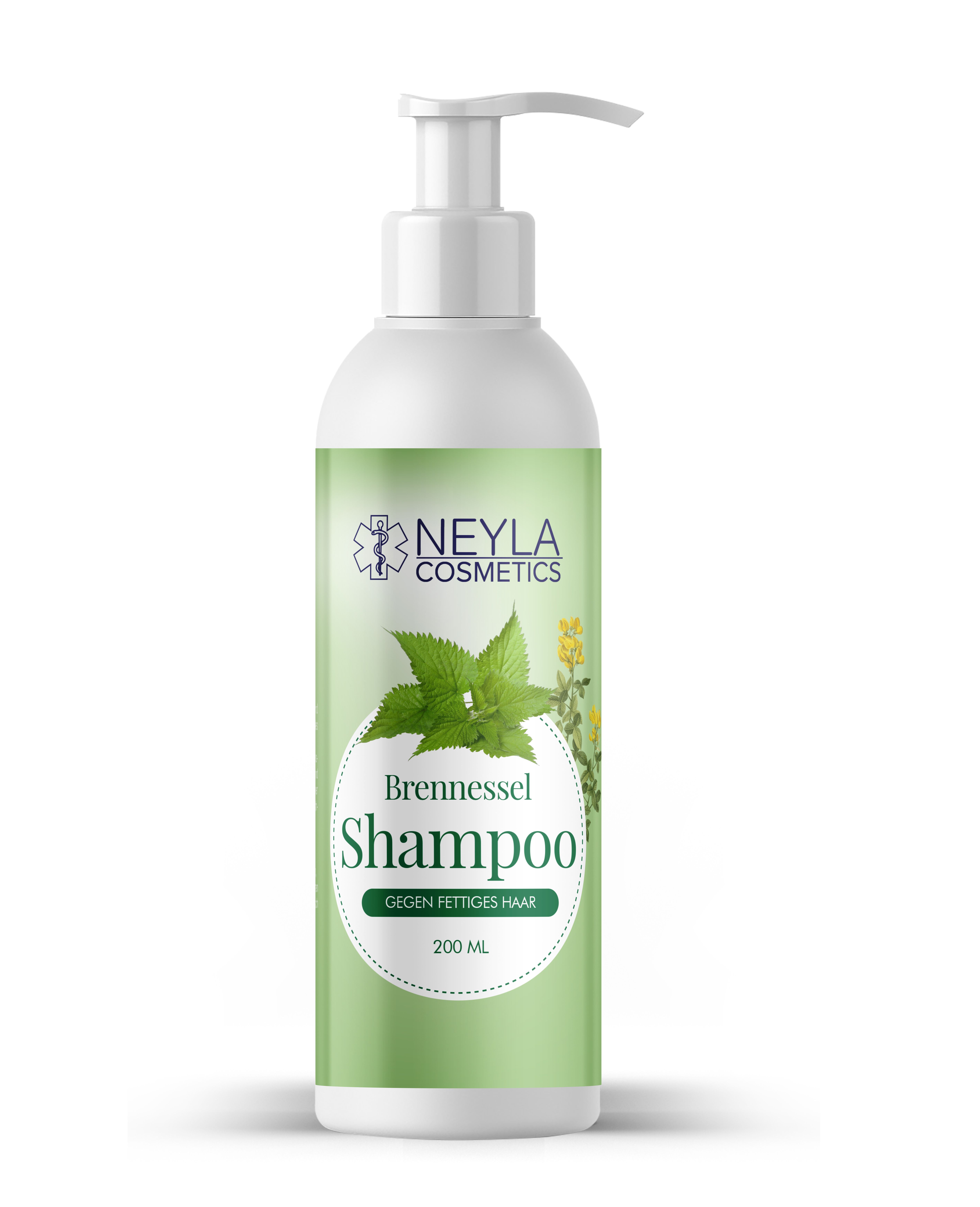 Shampoo-Flasche mit Pumpverschluss. Etikett mit Brennnessel-Motiv und Schriftzug "NEYLA Cosmetics Brennessel Shampoo".