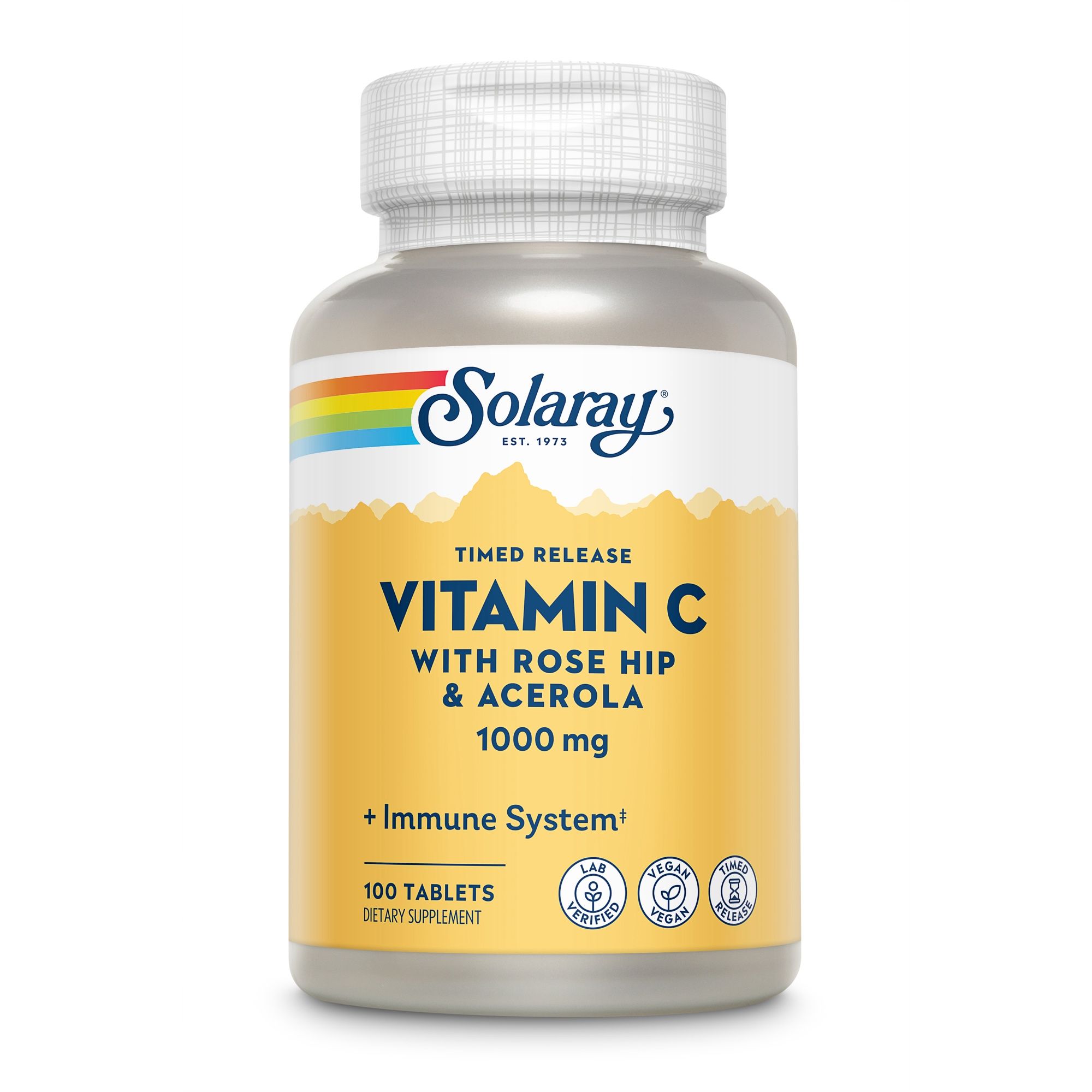 Solaray Vitamin C Flasche. Aufschrift: Vitamin C mit Hagebutte & Acerola 1000 mg. 100 Tabletten.