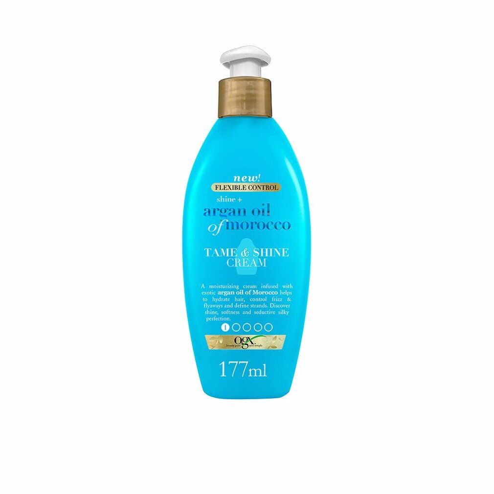 Türkisblaue Flasche mit Dosierpumpe. Aufschrift: Argan Oil of Morocco Tame & Shine Cream. 177ml.