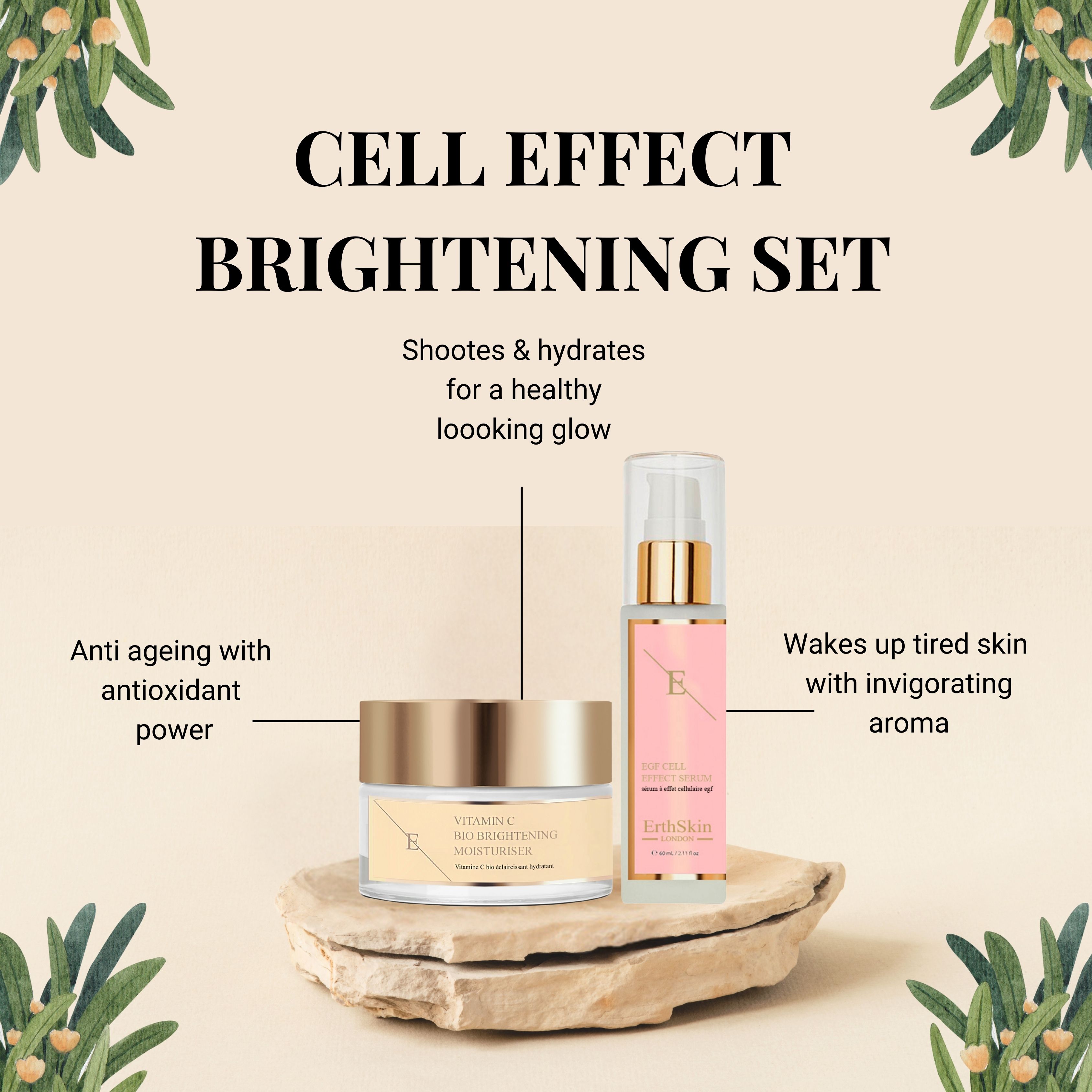 Kosmetik-Set auf Stein. Creme-Tiegel und Serum-Flasche. Aufschriften: "CELL EFFECT BRIGHTENING SET". Zusätzliche Texte: "Anti ageing" und "Wakes up tired skin".