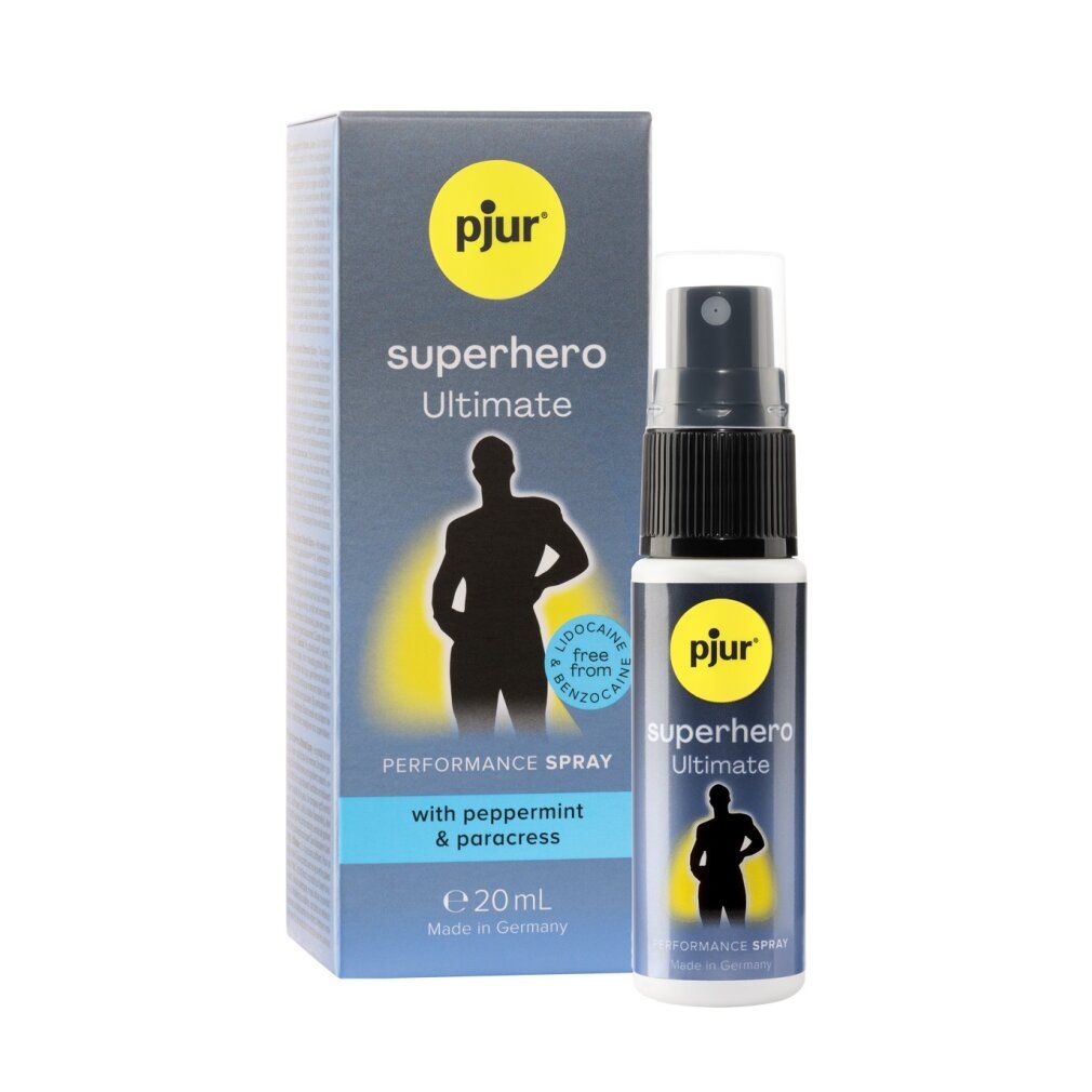 Produktflasche und Verpackung. Aufschrift: pjur, superhero Ultimate, Performance Spray. Enthält Pfefferminze & Paracress. Flasche mit Sprühkopf.