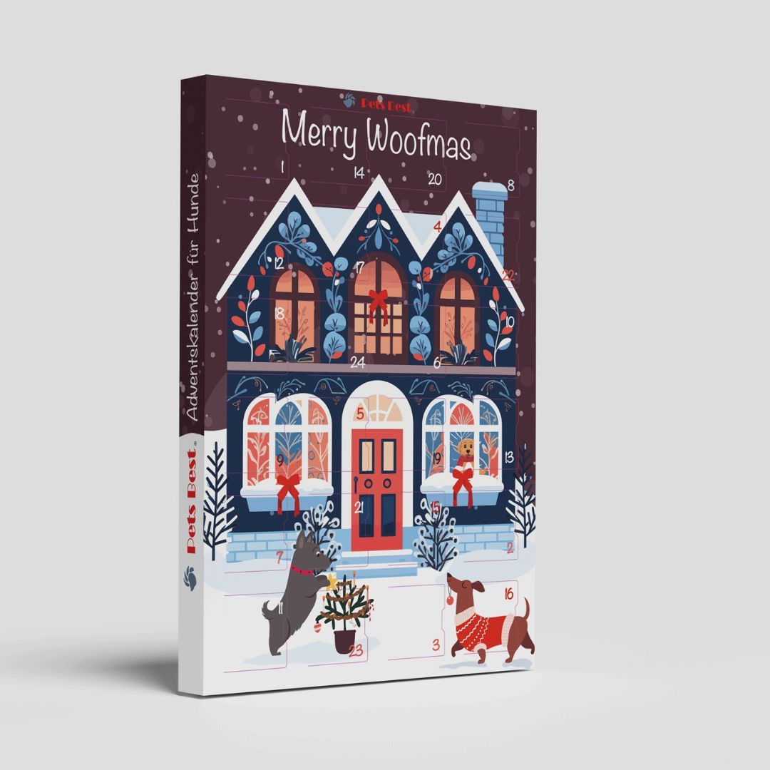 Adventskalender "Cozy Dog House" im Hochformat. Haus-Illustration mit Hunden, Schnee und "Merry Woofmas" Schriftzug. Pets Best Logo.