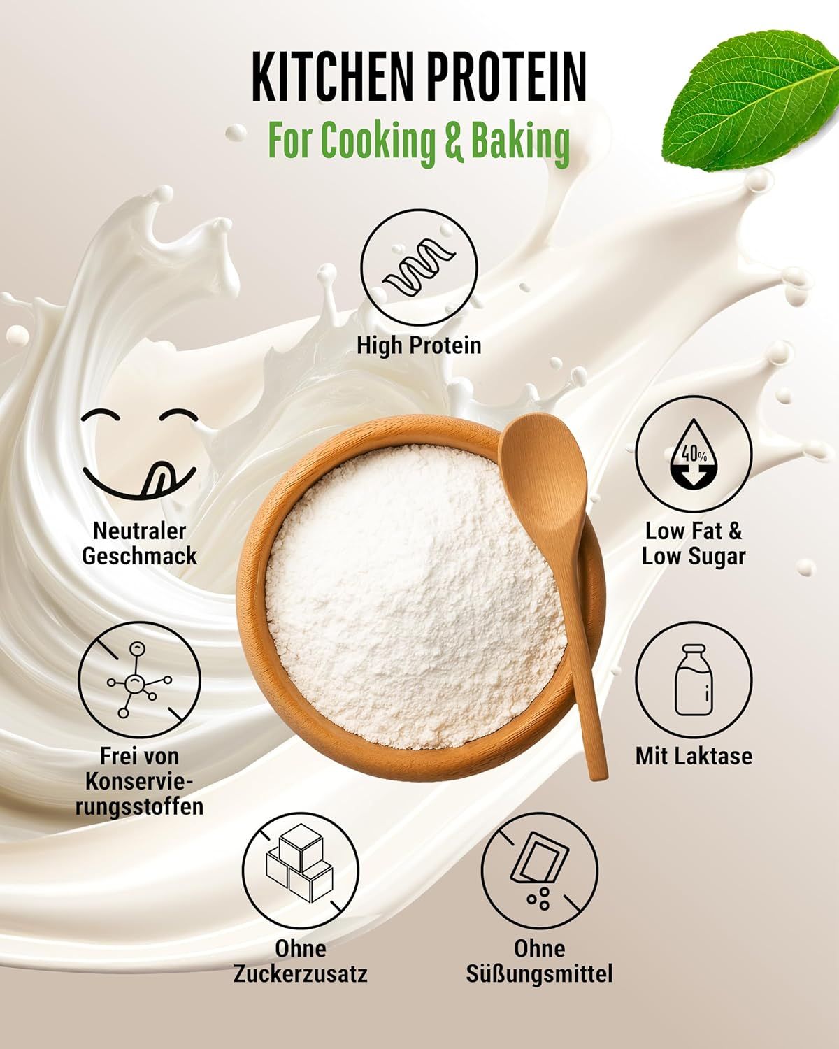 Schüssel mit weißem Pulver, umgeben von Symbolen: High Protein, neutraler Geschmack, ohne Zuckerzusatz, ohne Konservierungsstoffe, mit Laktase.