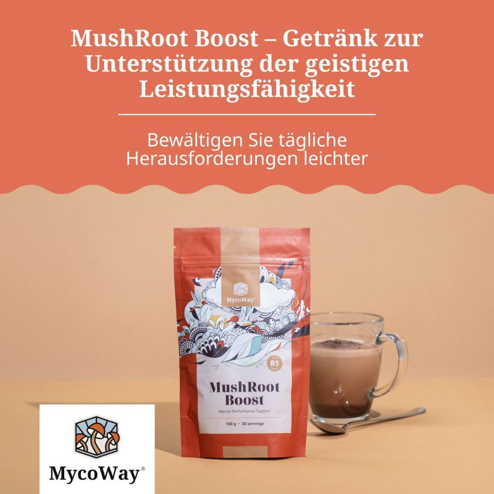 Beutel MycoWay MushRoot Boost und Tasse mit Getränk. Text: Getränk zur Unterstützung der geistigen Leistungsfähigkeit. Leichtere Herausforderungen.