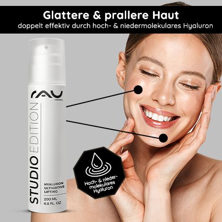 Weißer Flakon mit Pumpe. Aufschrift: STUDIO EDITION, Hyaluron Ultimative Lifting. Frau mit strahlendem Gesicht.