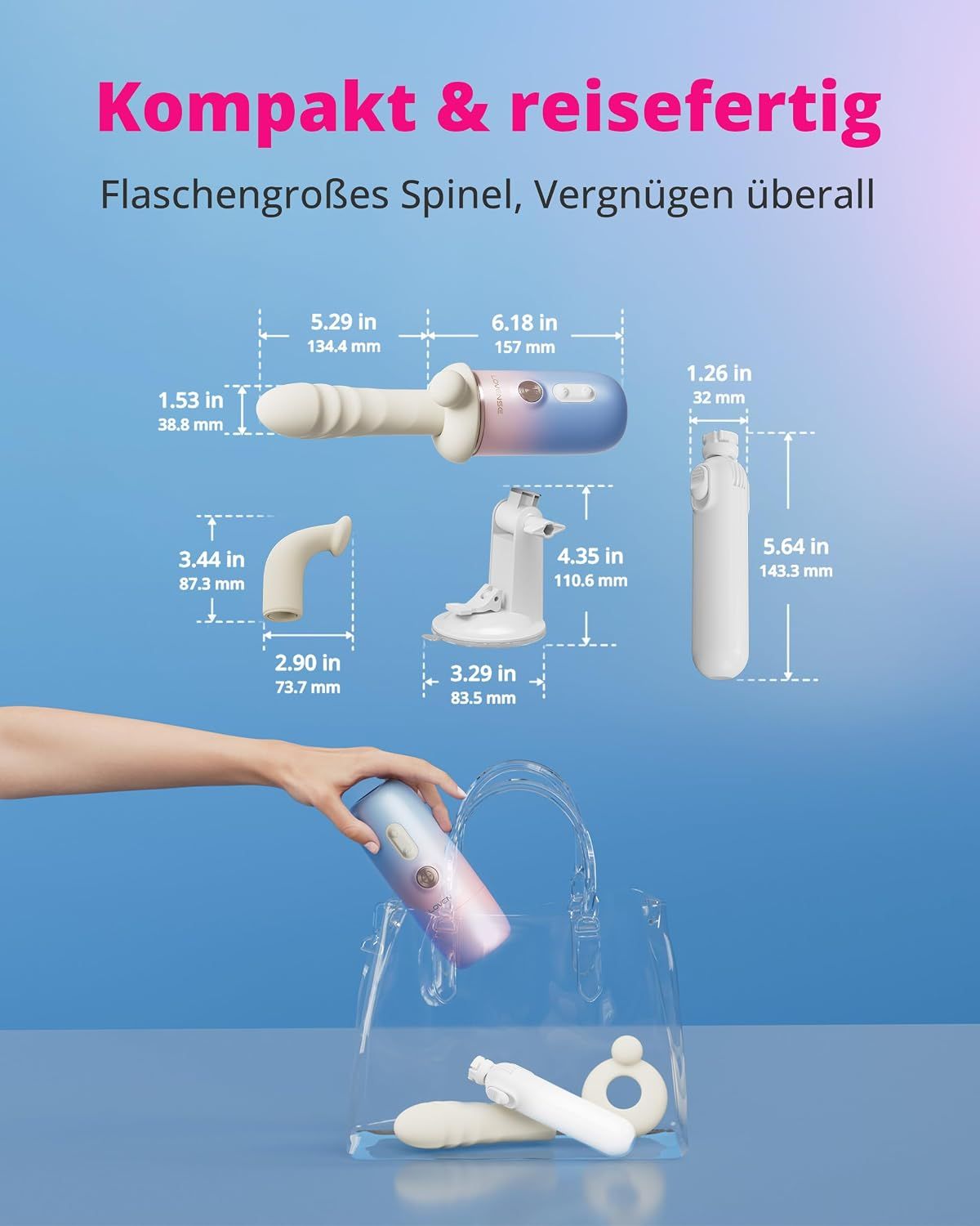Kompakter, reisefertiger Vibrator mit Zubehör und Tragetasche.