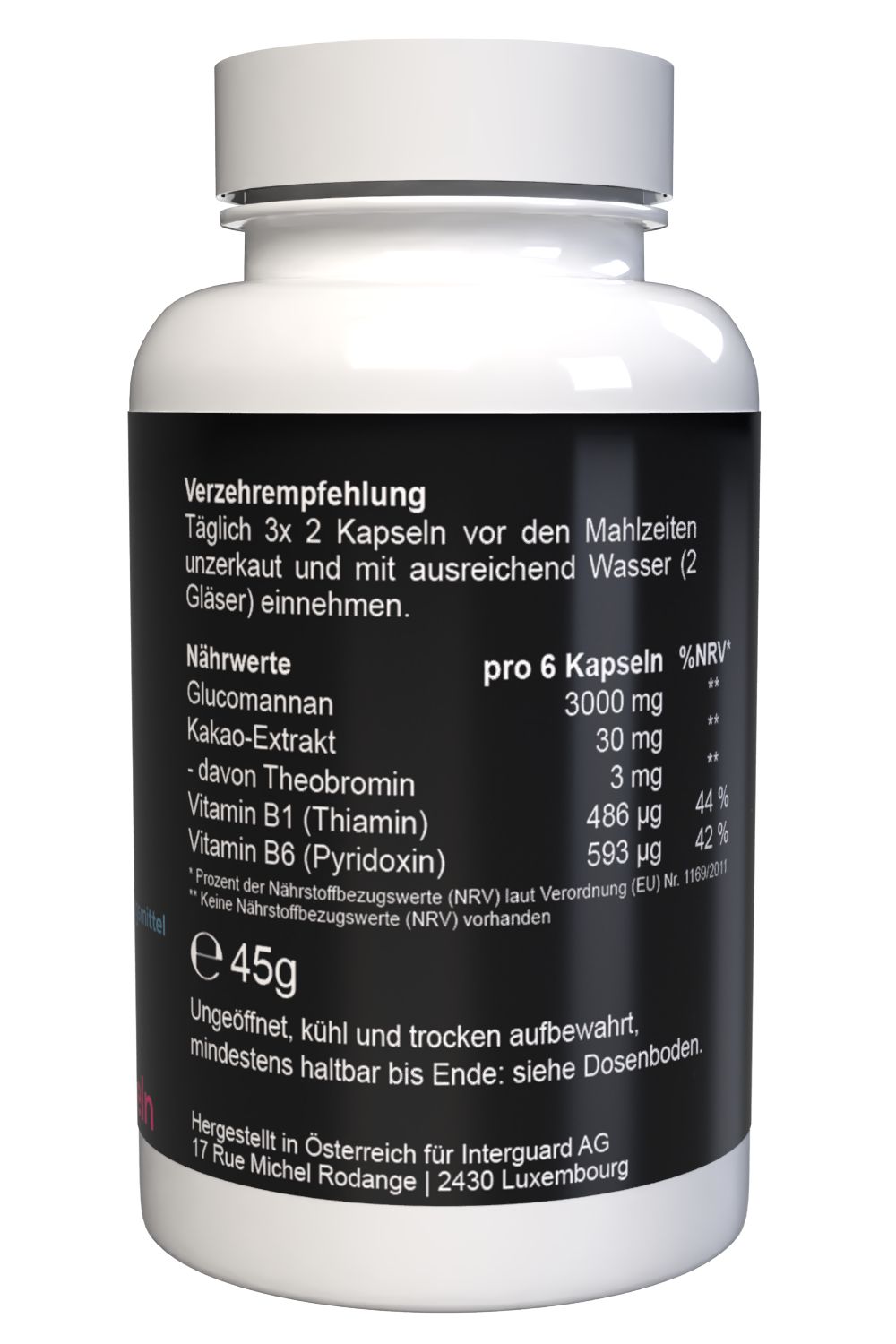 Rückseite einer weißen Kapsel-Dose. Schwarzes Etikett mit Nährwertangaben und Verzehrempfehlung. Gewicht: 45g.