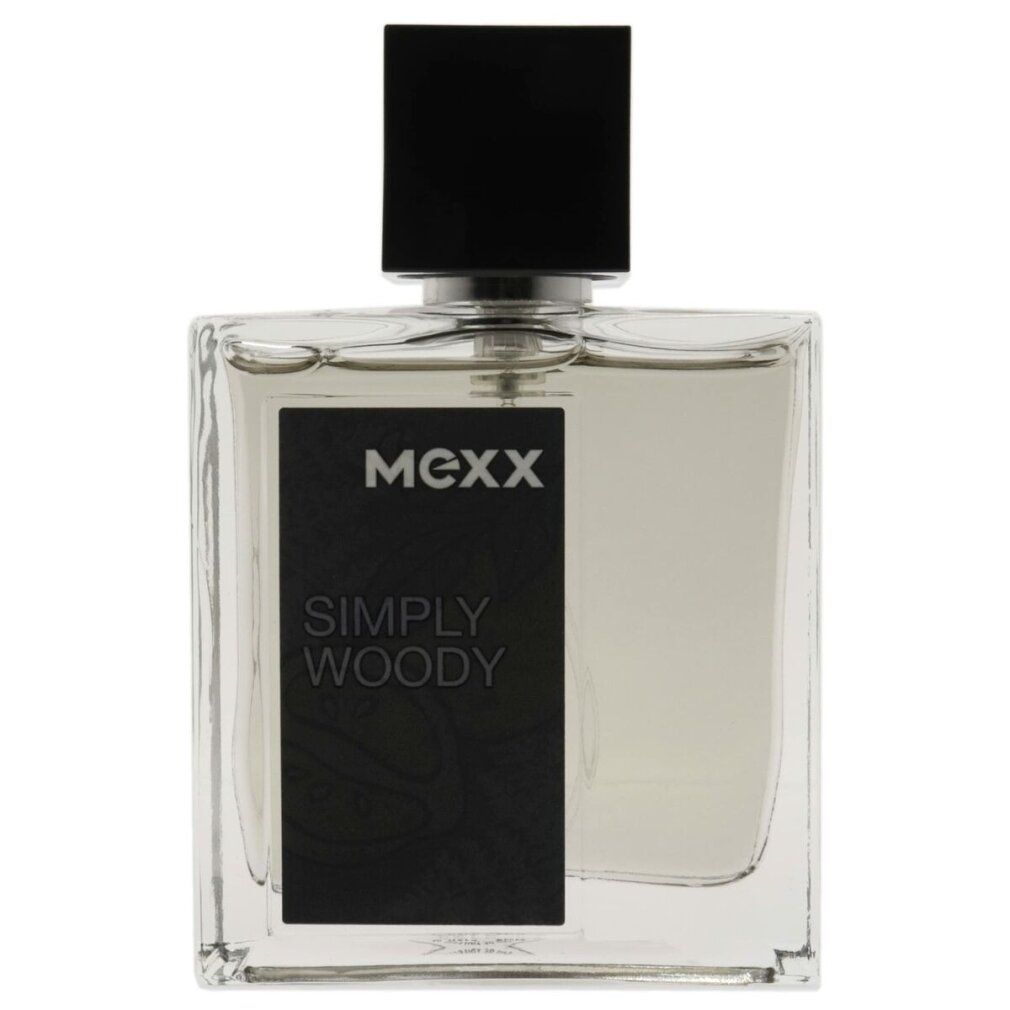 Mexx Simply Woody Eau de Toilette. Glasflakon mit schwarzem Verschluss. Schwarze Schrift auf weißem Etikett.