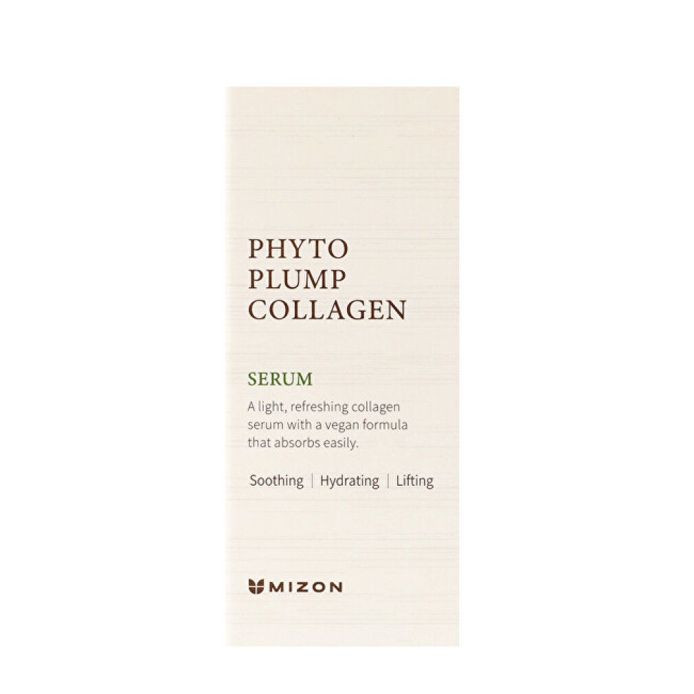 Weiße Verpackung mit Aufschrift: Phyto Plump Collagen Serum. Enthält Informationen zum Produkt und das Logo von MIZON.