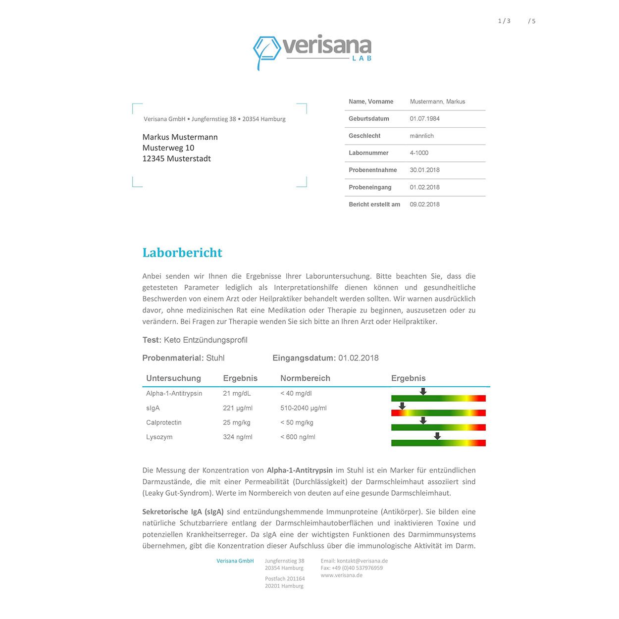 Laborbericht mit Testergebnissen. Enthält Tabellen und Text. Verisana-Logo oben.