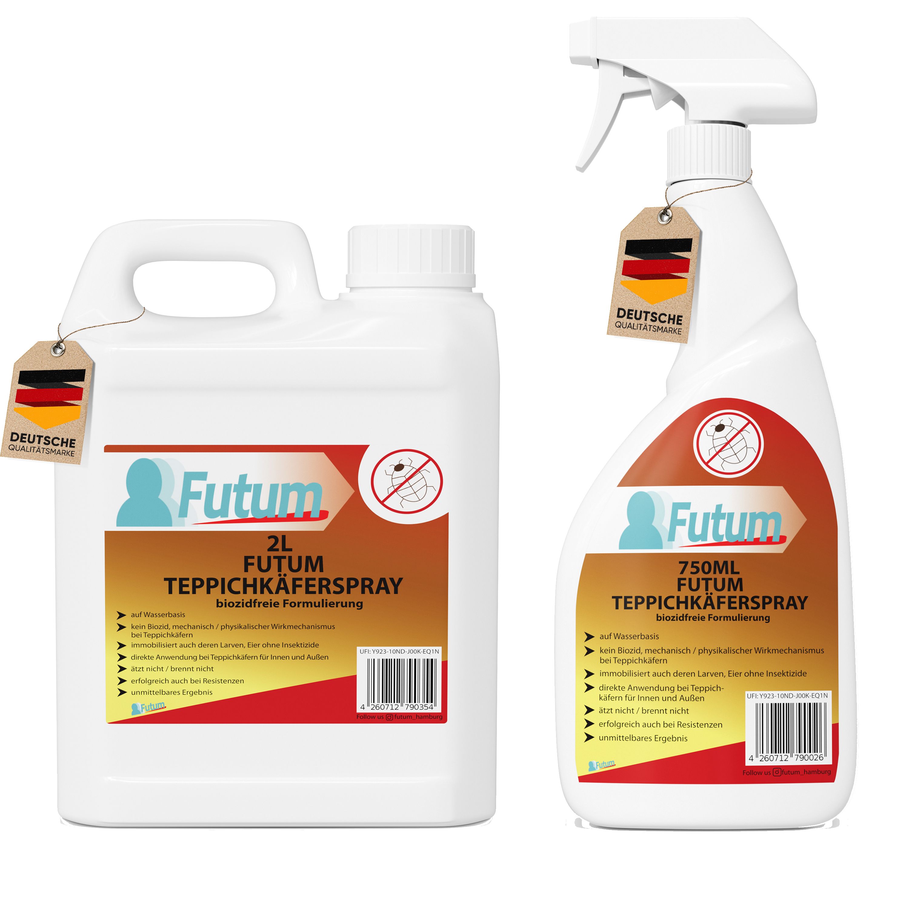 Zwei weiße Flaschen FUTUM Teppichkäferspray. Eine 2L-Flasche und eine 750ml Sprühflasche. Beide mit deutschem Qualitätssiegel.