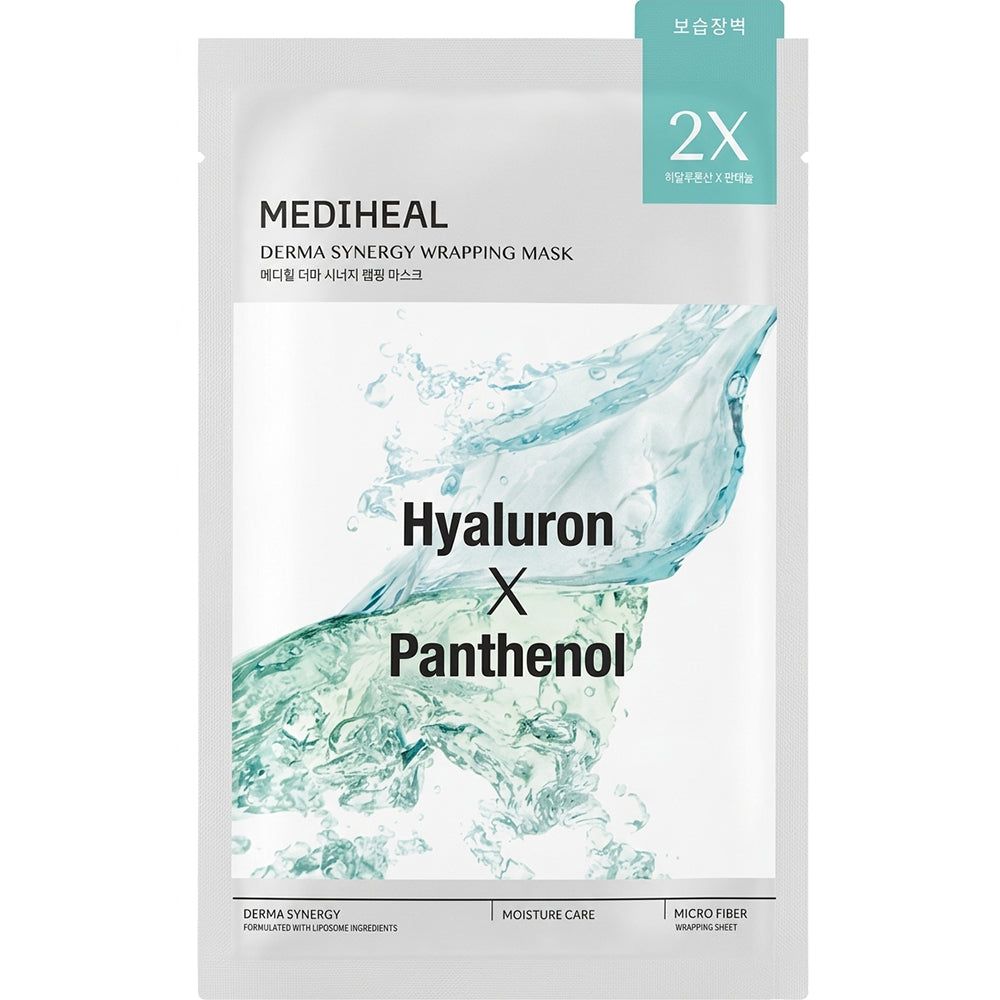 Verpackung der MEDIHEAL Maske. Enthält Hyaluron und Panthenol. 2X-Logo.