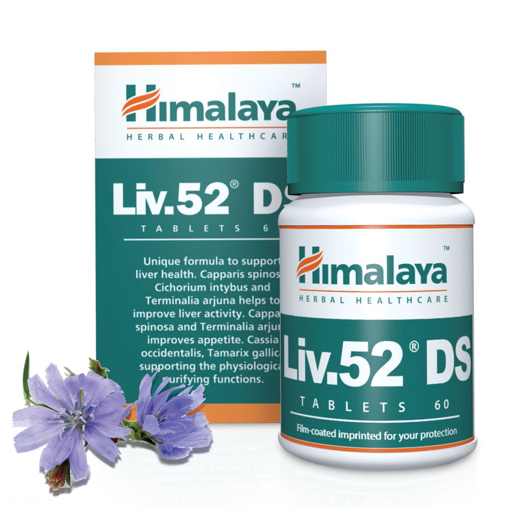 Himalaya Liv.52 DS Tabletten Flasche und Verpackung mit Kräutern.