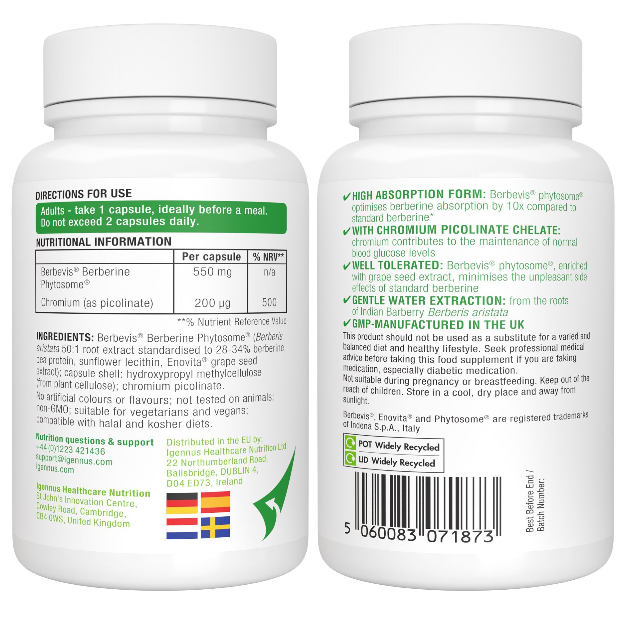 Zwei weiße Flaschen mit Kapseln. Text: Berbervis Berberine Phytosome. Inhaltsstoffe, Anwendungshinweise.
