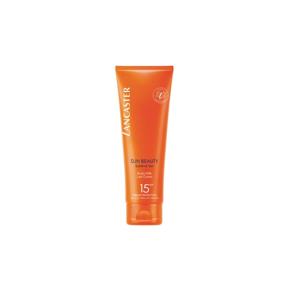 Orange Tube mit Produktnamen Lancaster Sun Beauty Sublime Tan Body Milk Spf15. SPF 15.