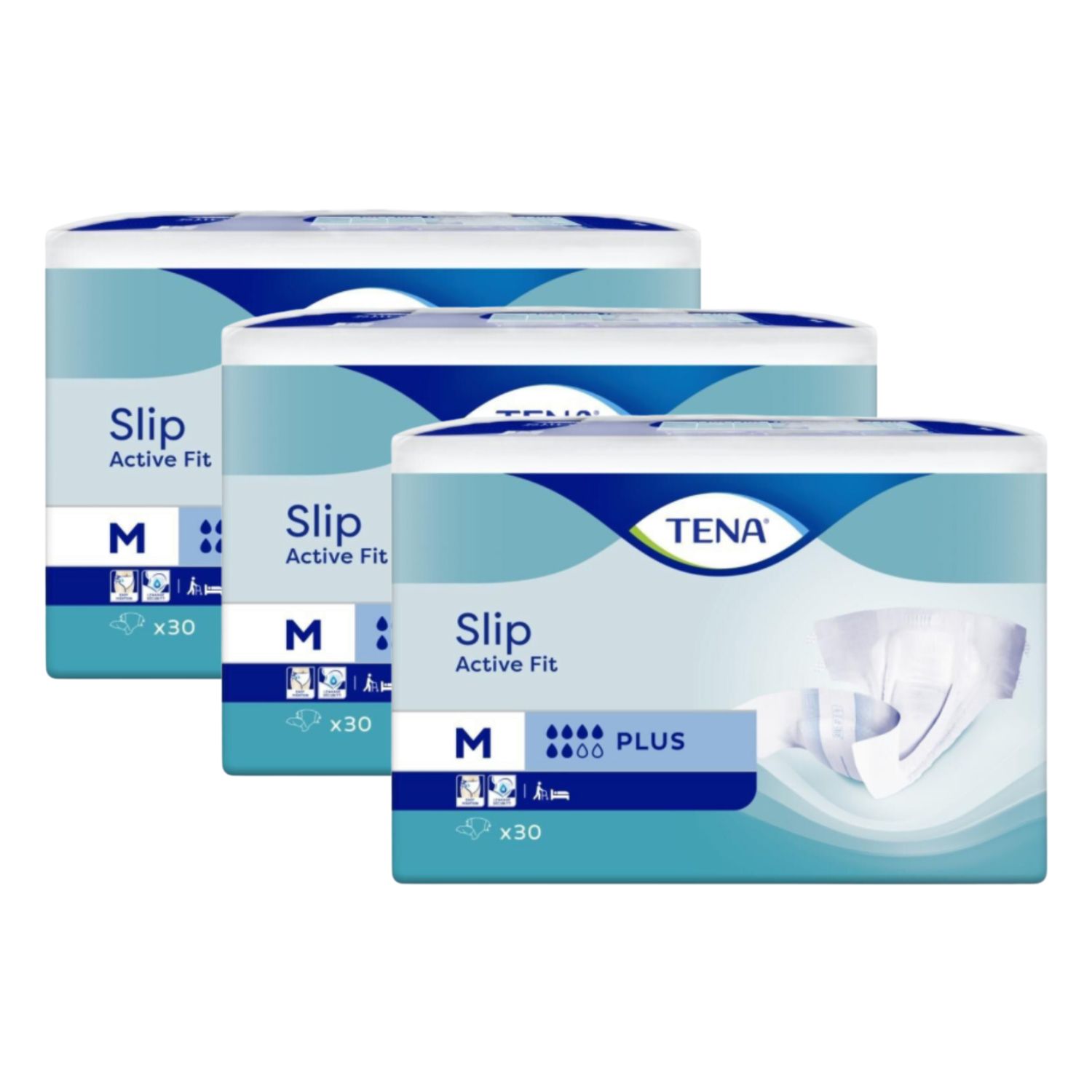Drei Packungen TENA Slip Active Fit Plus. Blaue Verpackung mit Produktnamen, Größe 'M' und Anzahl 30.