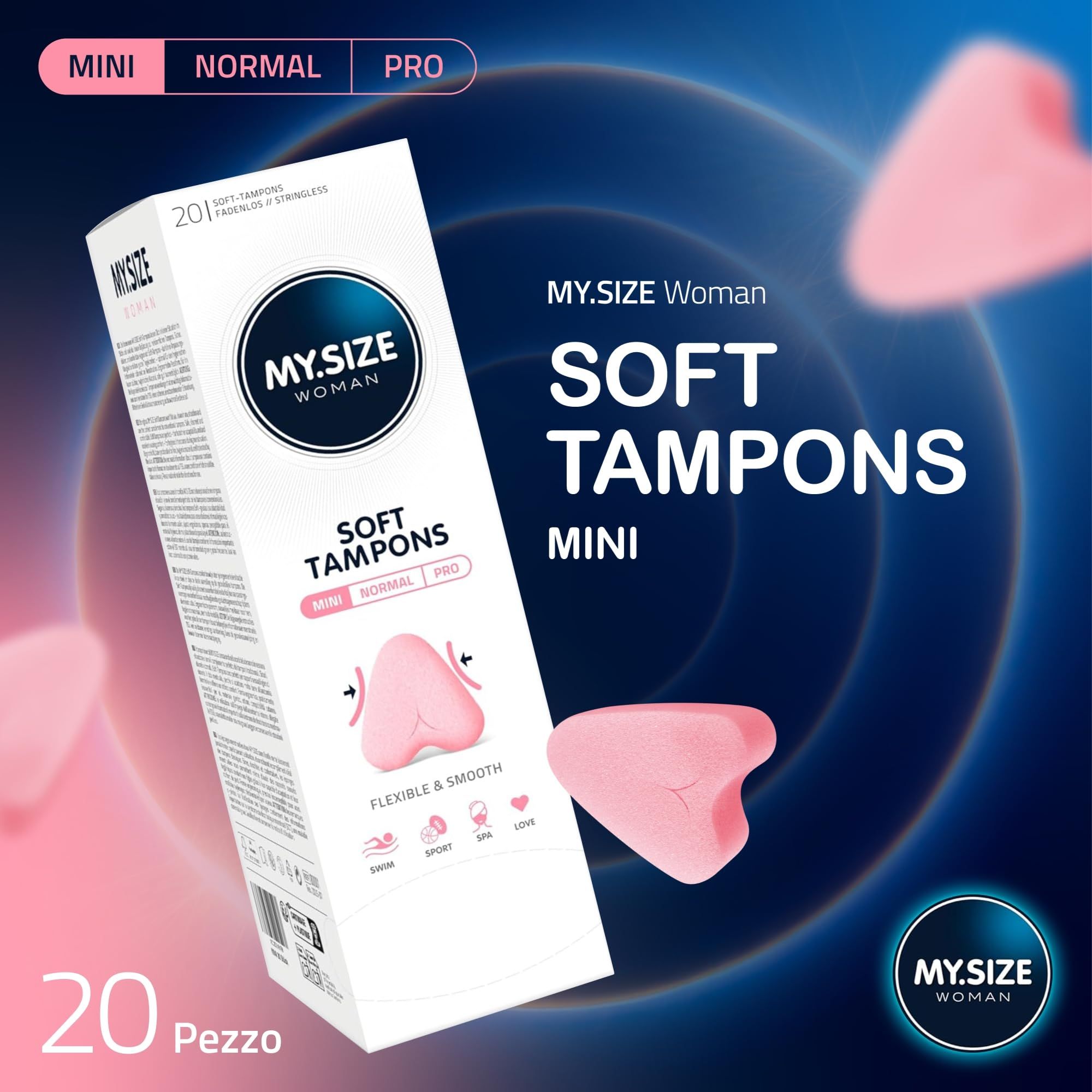MY.SIZE Woman Soft Tampons Mini Verpackung mit einem einzelnen Tampon. Dunkler Hintergrund mit Kreiseffekten.