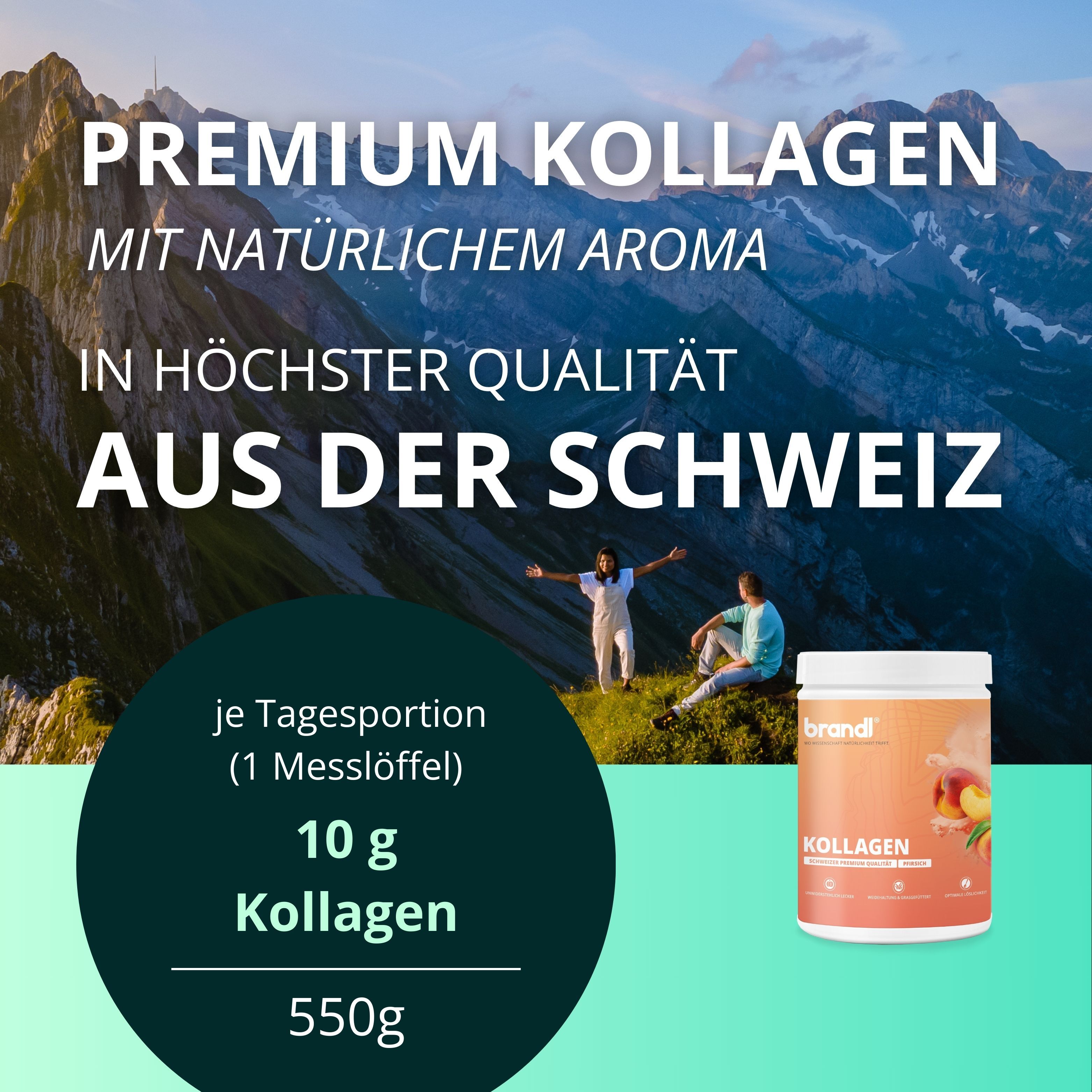 Produktglas mit Text: PREMIUM KOLLAGEN, 10g Kollagen, 550g. Hintergrund: Berge und Personen.