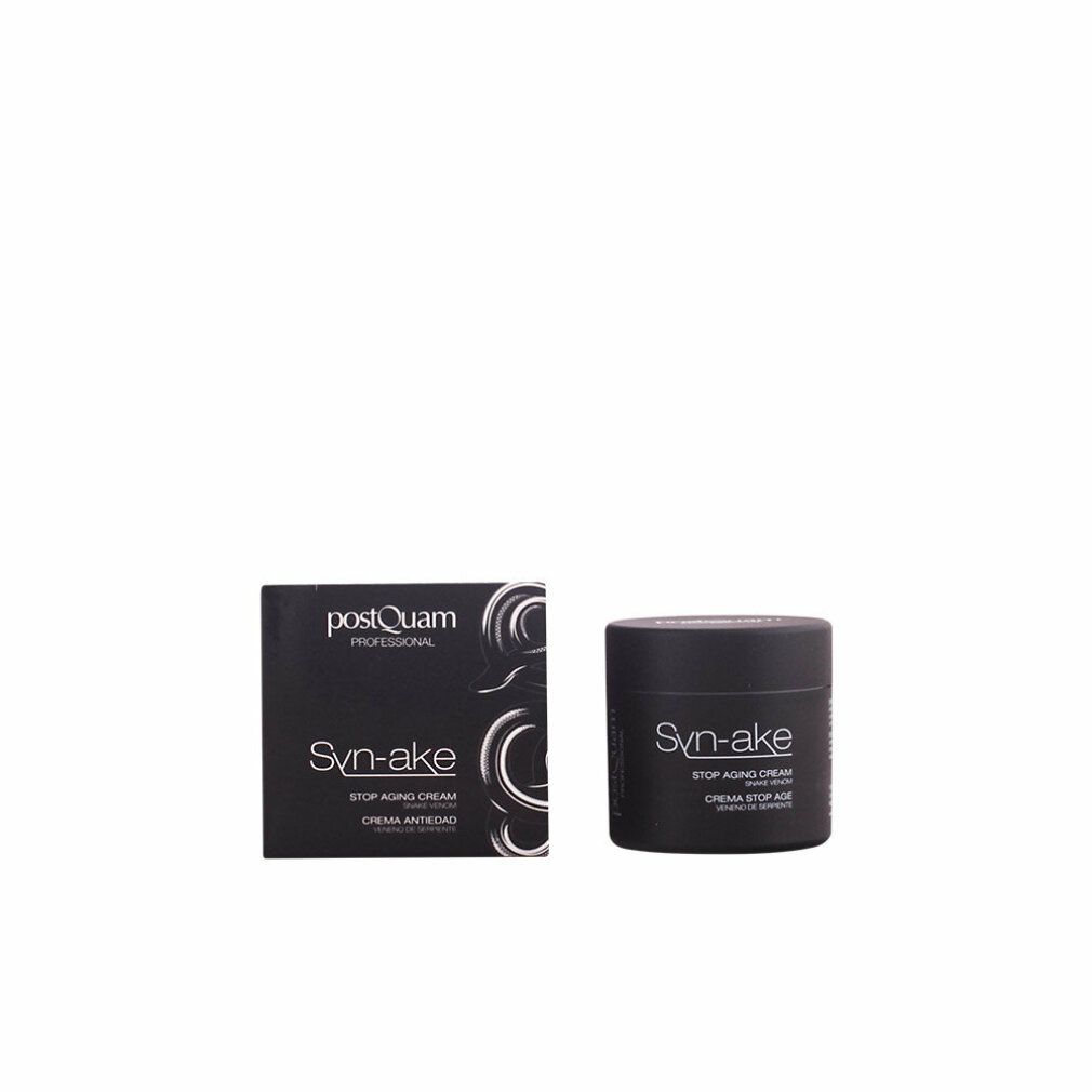Schwarze Creme-Dose und Schachtel. Aufschrift: Syn-ake, Stop Aging Cream. Marke: postQuam.