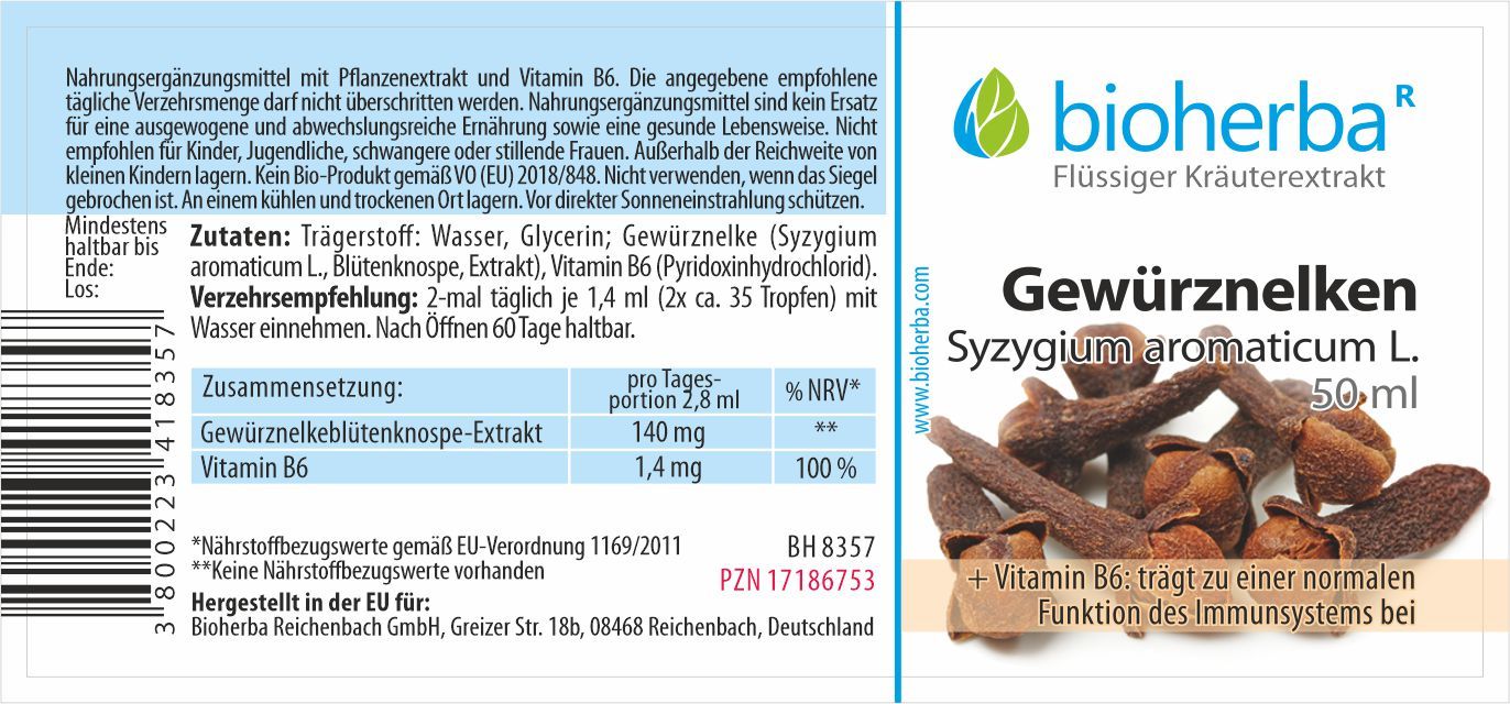 Etikett mit Produktinformationen. Bioherba Gewürznelken Tinktur, Zutaten, Nährwertangaben, und Verzehrempfehlung.