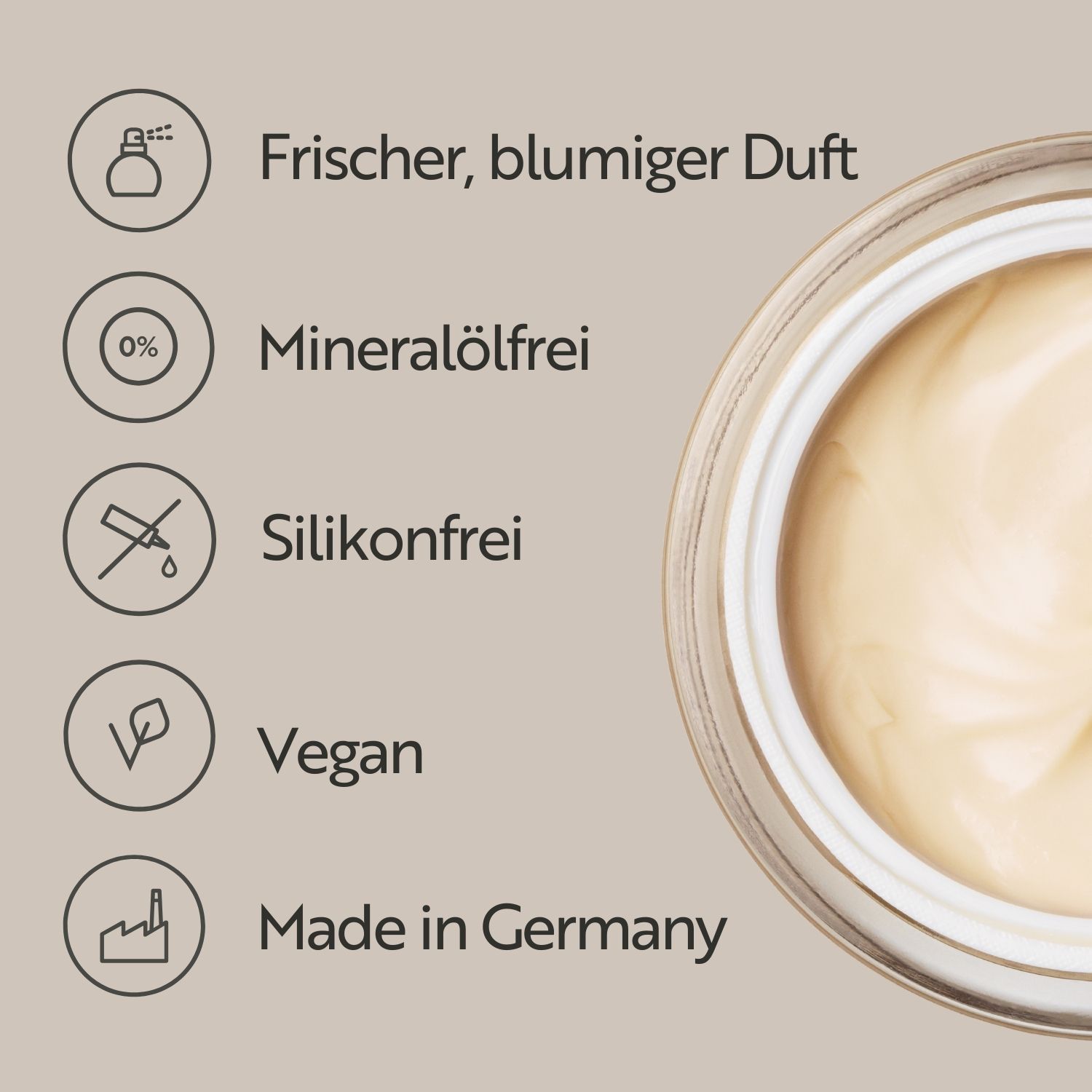 Text: Frischer, blumiger Duft, mineralölfrei, silikonfrei, vegan, Made in Germany. Produktansicht mit Creme.
