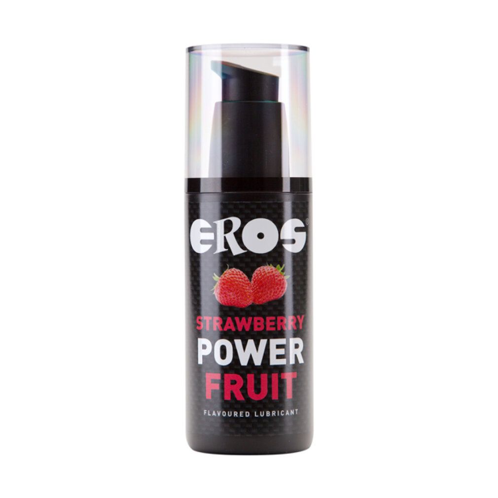 Schwarze Flasche mit Dosierpumpe. Aufschrift: EROS, Erdbeere, Power Fruit. Abbildung von Erdbeeren.