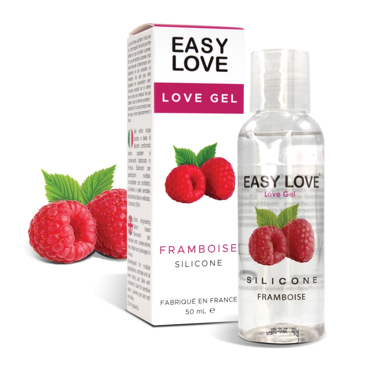 Flasche und Verpackung von Easy Love Love Gel. Aufschrift: Easy Love, Love Gel, Himbeere, Silikon. Abgebildet sind Himbeeren.