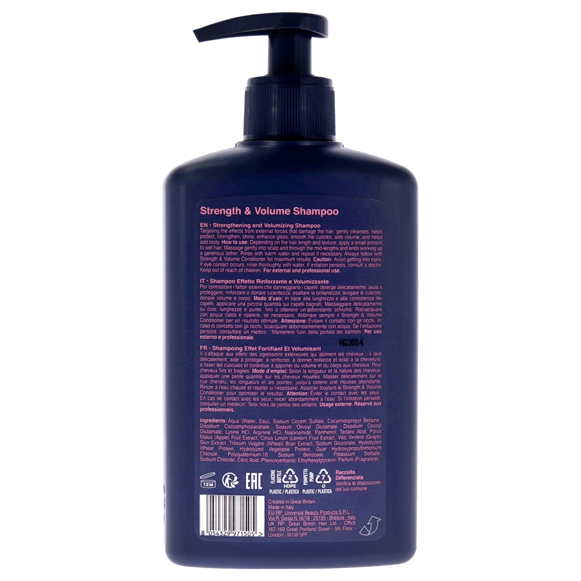 Rückseite einer dunkelblauen Flasche Climaplex Stärke & Volumen Shampoo mit Inhaltsstoffen und Anwendungshinweisen. 400ml.