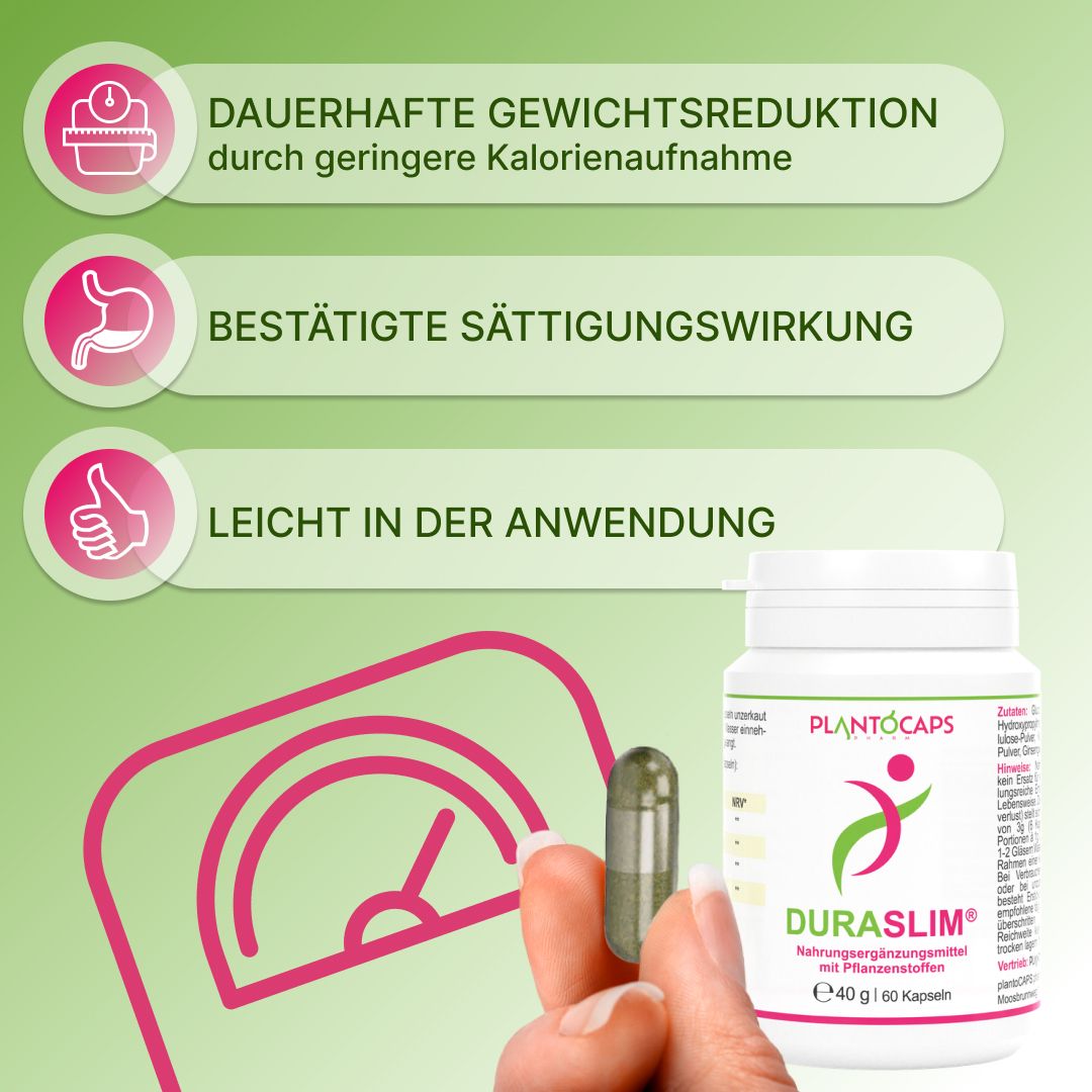 Weiße Flasche plantoCAPS DURASLIM mit Kapsel. Text: Dauerhafte Gewichtsreduktion, bestätigte Sättigungswirkung, leicht in der Anwendung.