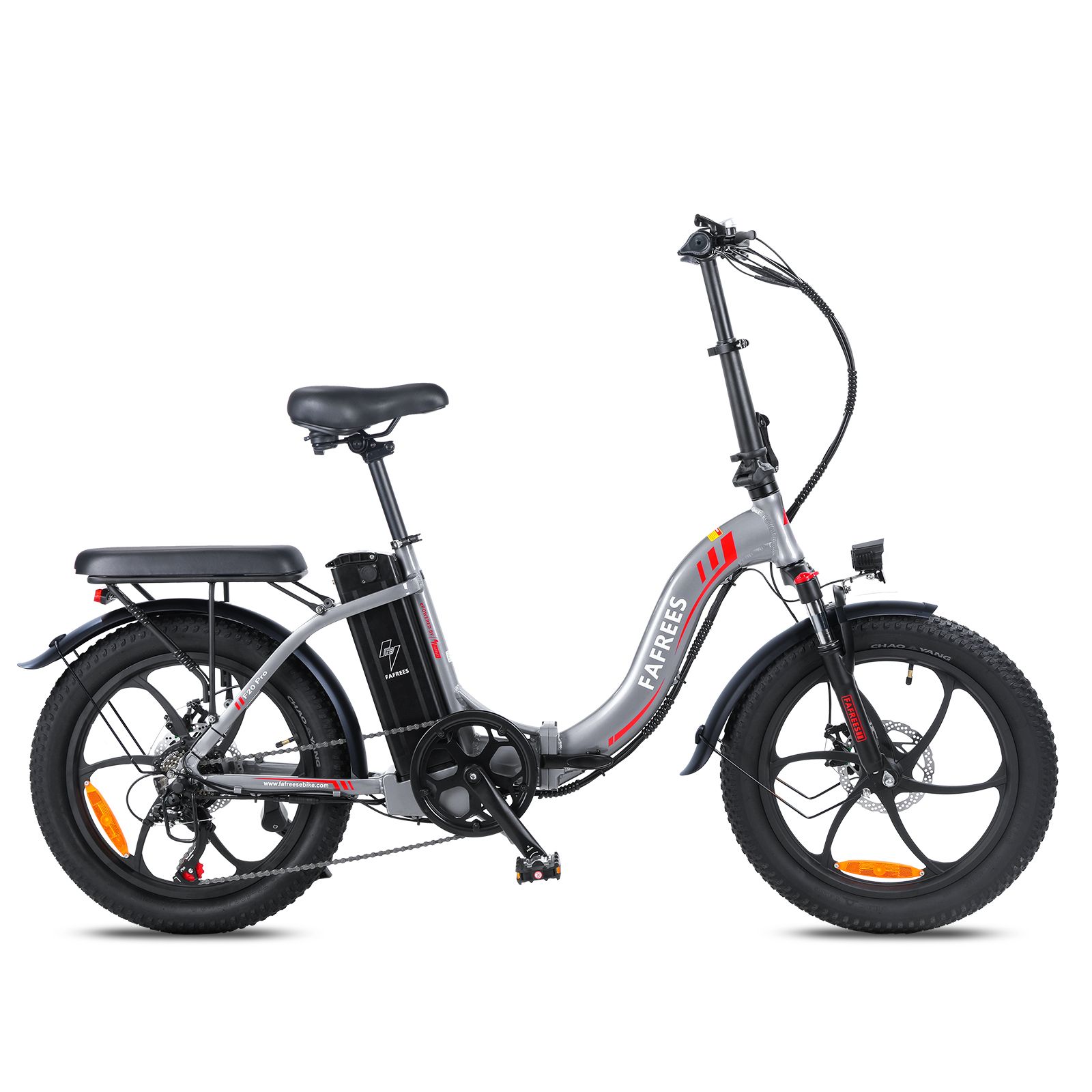 Graues FAFREES F20 Klapp-E-Bike. Schwarze Reifen, Sattel und Gepäckträger. Akku am Rahmen.