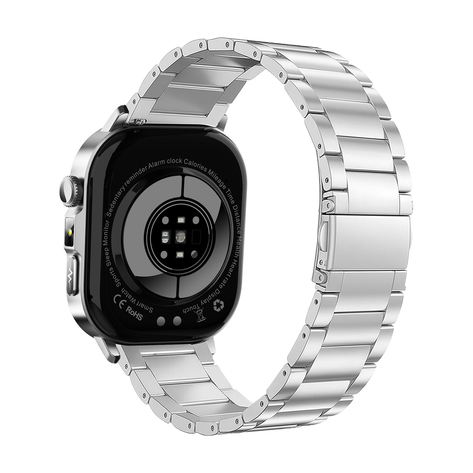 Rückseite einer silbernen Smartwatch mit Metallarmband, Herzfrequenzsensor und CE-Kennzeichnung.