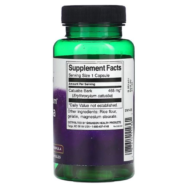 Grüne Flasche. Rückseite mit Nährwertangaben: Catuaba Bark, 465 mg. Weitere Inhaltsstoffe: Reismehl, Gelatine, Magnesiumstearat.