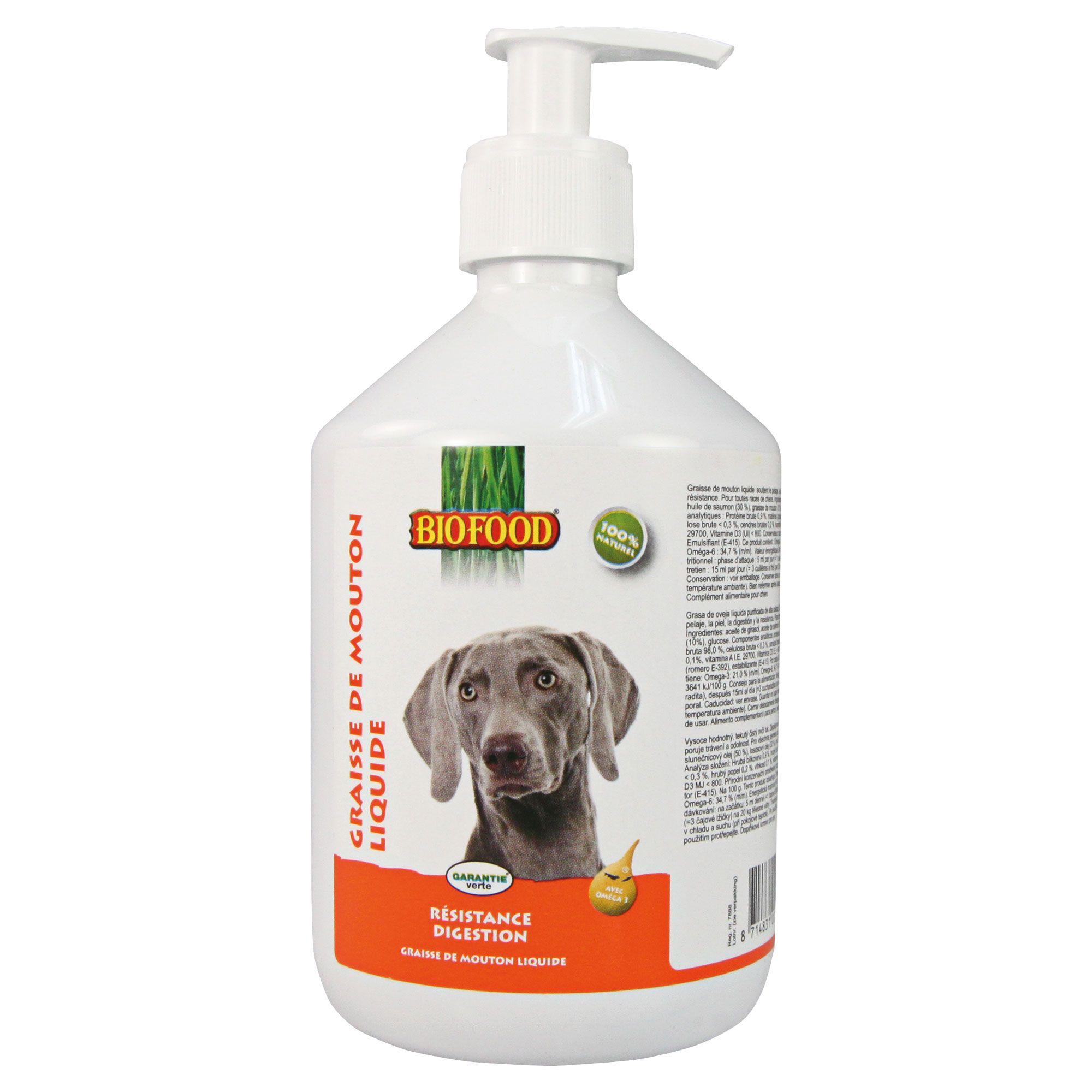 Weiße Flasche mit Dosierpumpe. Aufdruck: Hund, BIOFOOD, GRASSE DE MOUTON LIQUIDE, RESISTANCE DIGESTION. Siegel: 100% naturel.