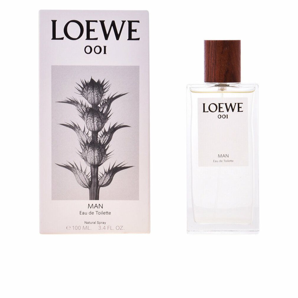 Loewe 001 Man Eau de Toilette Spray. Rechteckiger Glasflakon mit Holzverschluss. Weiße Verpackung mit Logo und Illustration.