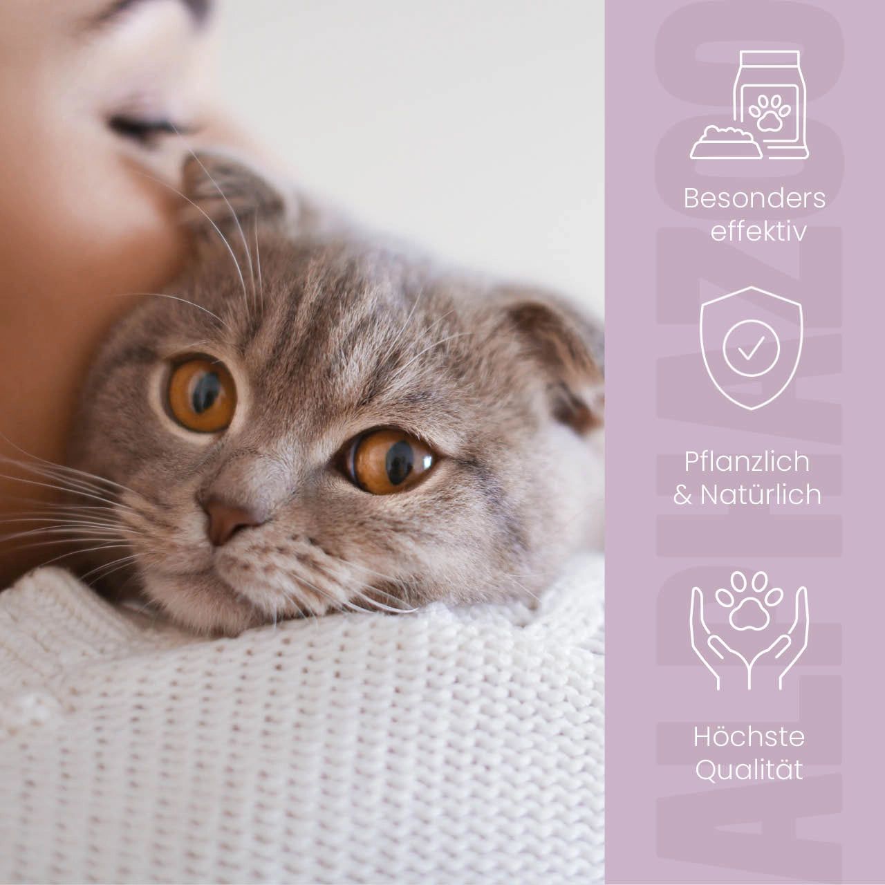 Katze auf Schulter. Text: Besonders effektiv, pflanzlich & natürlich, höchste Qualität. Icons.