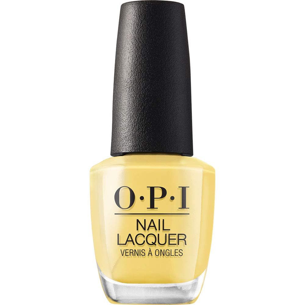 OPI Nagellack-Flasche, gelb, schwarzer Deckel. Produktansicht.