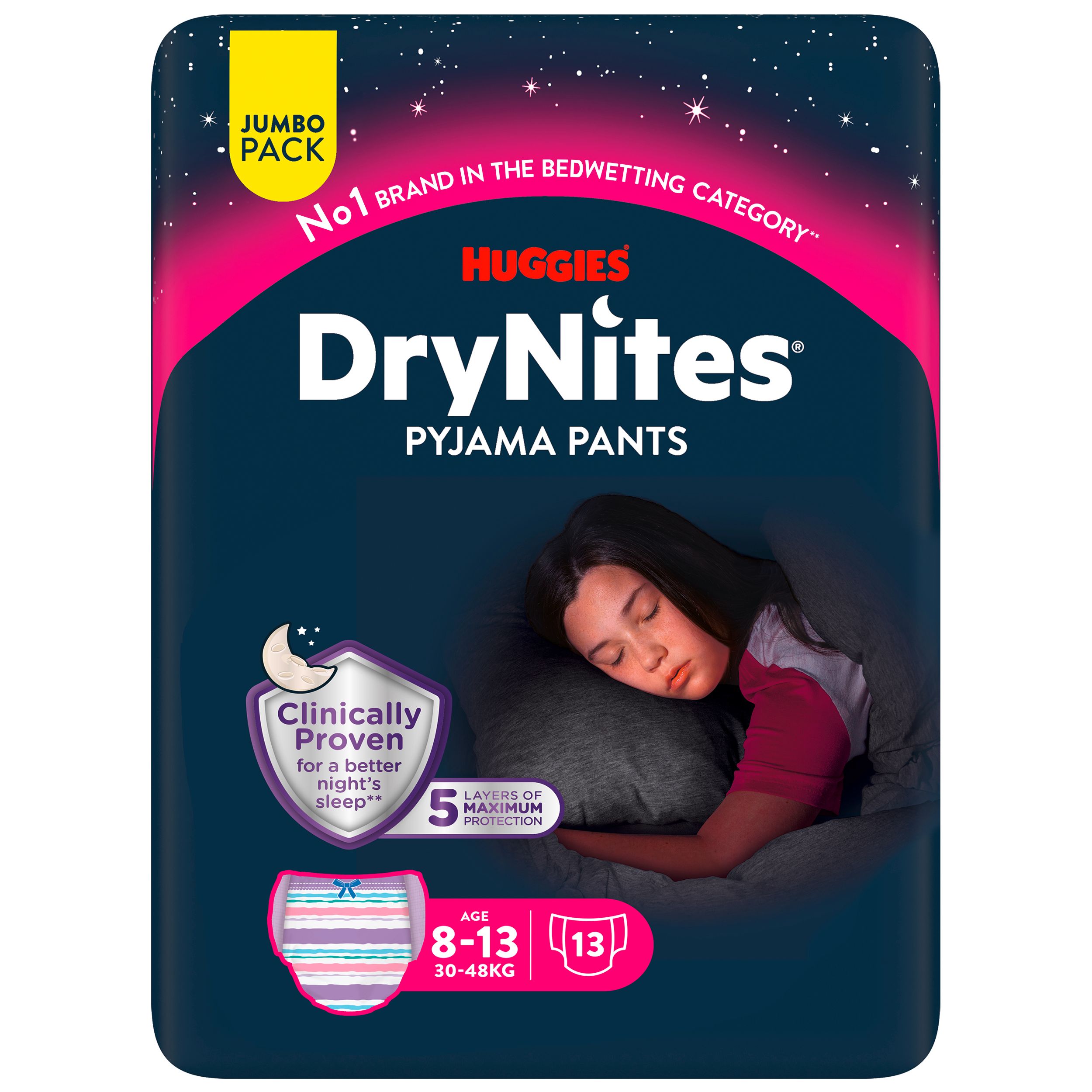 Huggies DryNites Pyjama Pants, Jumbo Pack. Für Mädchen 8-13 Jahre, 30-48 kg. 5-facher Schutz. Schlafendes Mädchen auf der Verpackung.