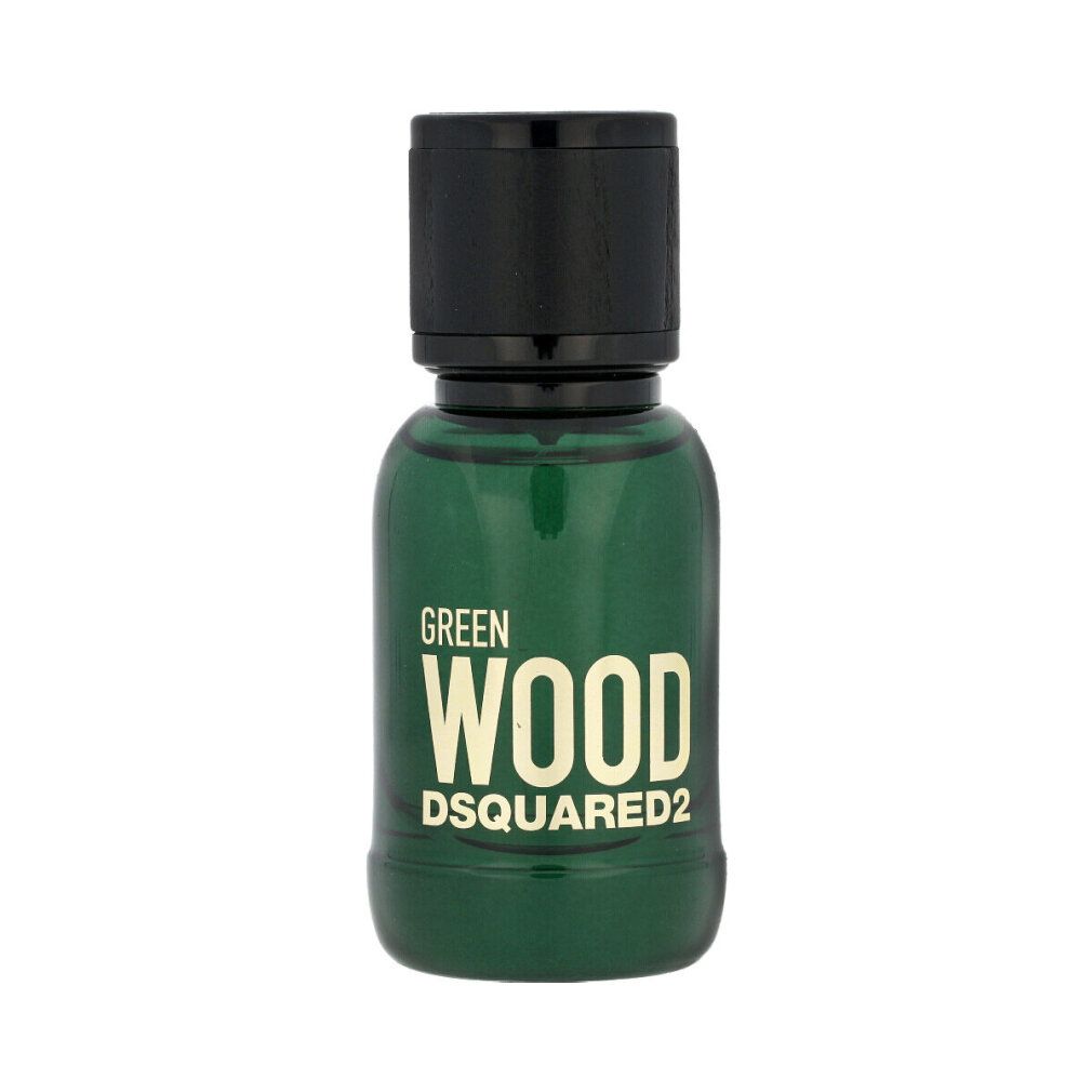 Grünes Parfümflakon mit schwarzem Deckel. Aufschrift: GREEN WOOD DSQUARED2.