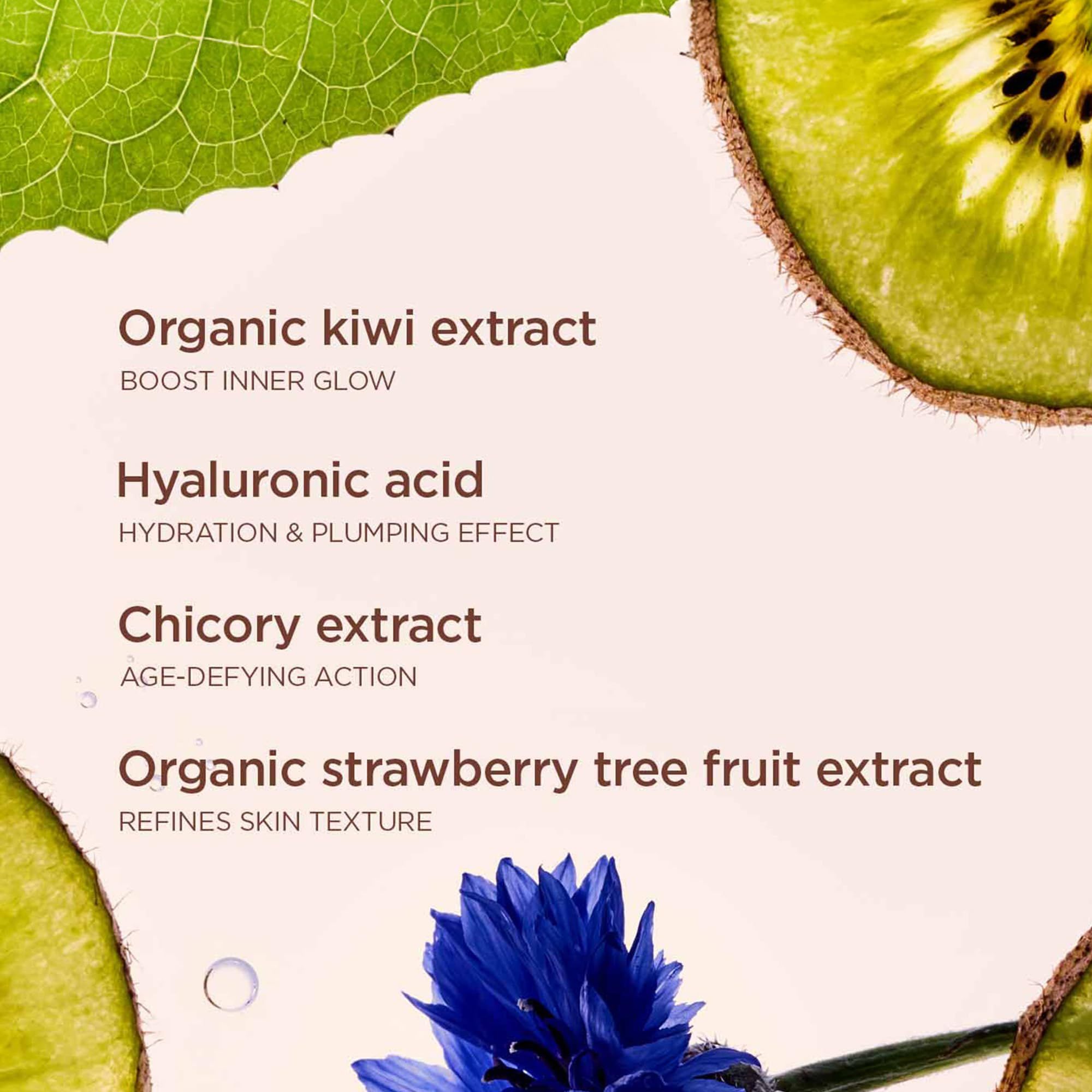 Kiwi-Scheiben und blaue Blume. Text: Organic kiwi extract, Hyaluronic acid, Chicory extract, Organic strawberry tree fruit extract.