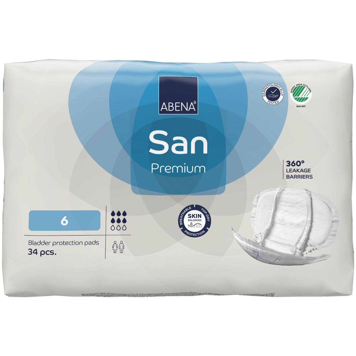 Verpackung von ABENA San Premium Vorlagen. Enthält 34 Stück. Mit Logo, Produktbezeichnung und Qualitätszeichen.