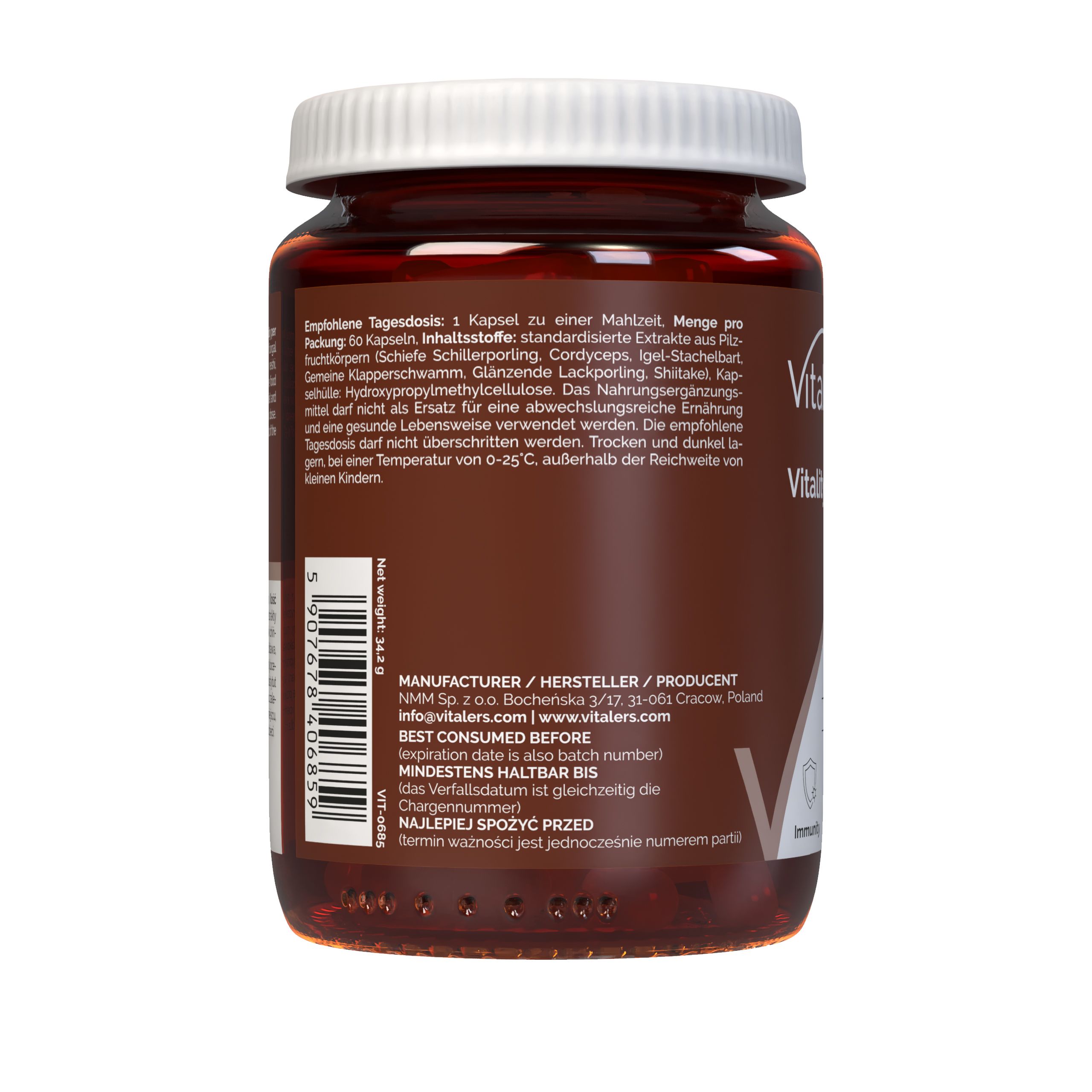Rückseite der Vitaler’s Vital Mushrooms Komplex Dose mit Herstellerinformationen, Haltbarkeitsdatum und Barcode.