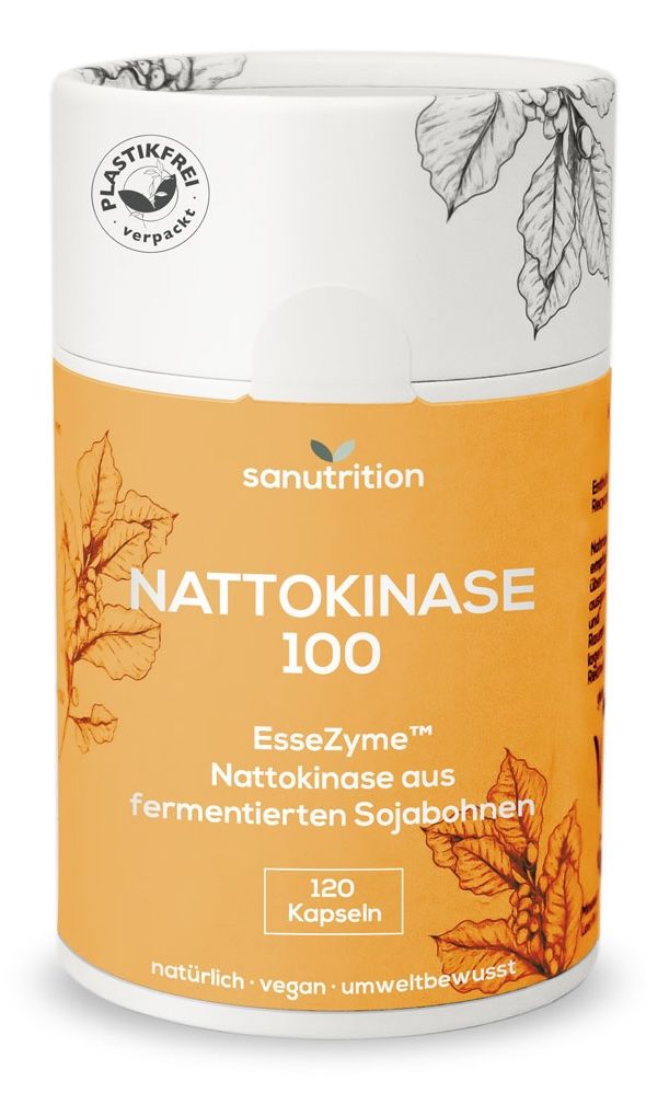 Zylindrische Dose Sanutrition Nattokinase 100. Gelb-weißes Etikett. 120 Kapseln. Vegan, umweltbewusst.